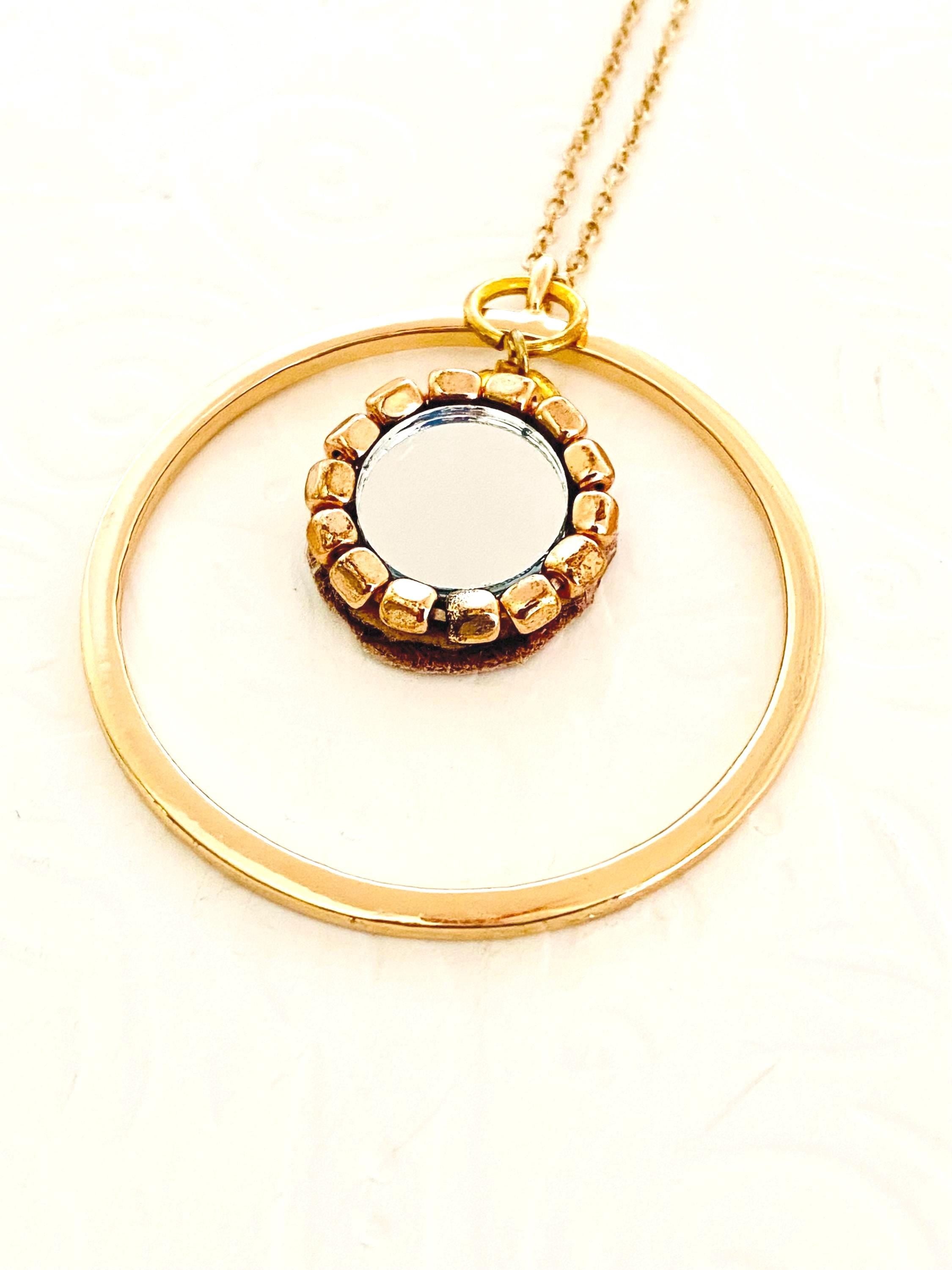 Mirror Pendant Necklace, 30" Gold Plated Circular Necklace