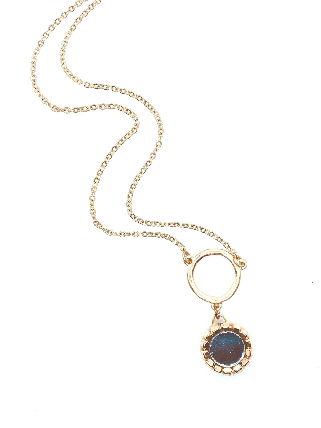 Matte Gold Plated Mirror Pendant Necklace, Beaded Design