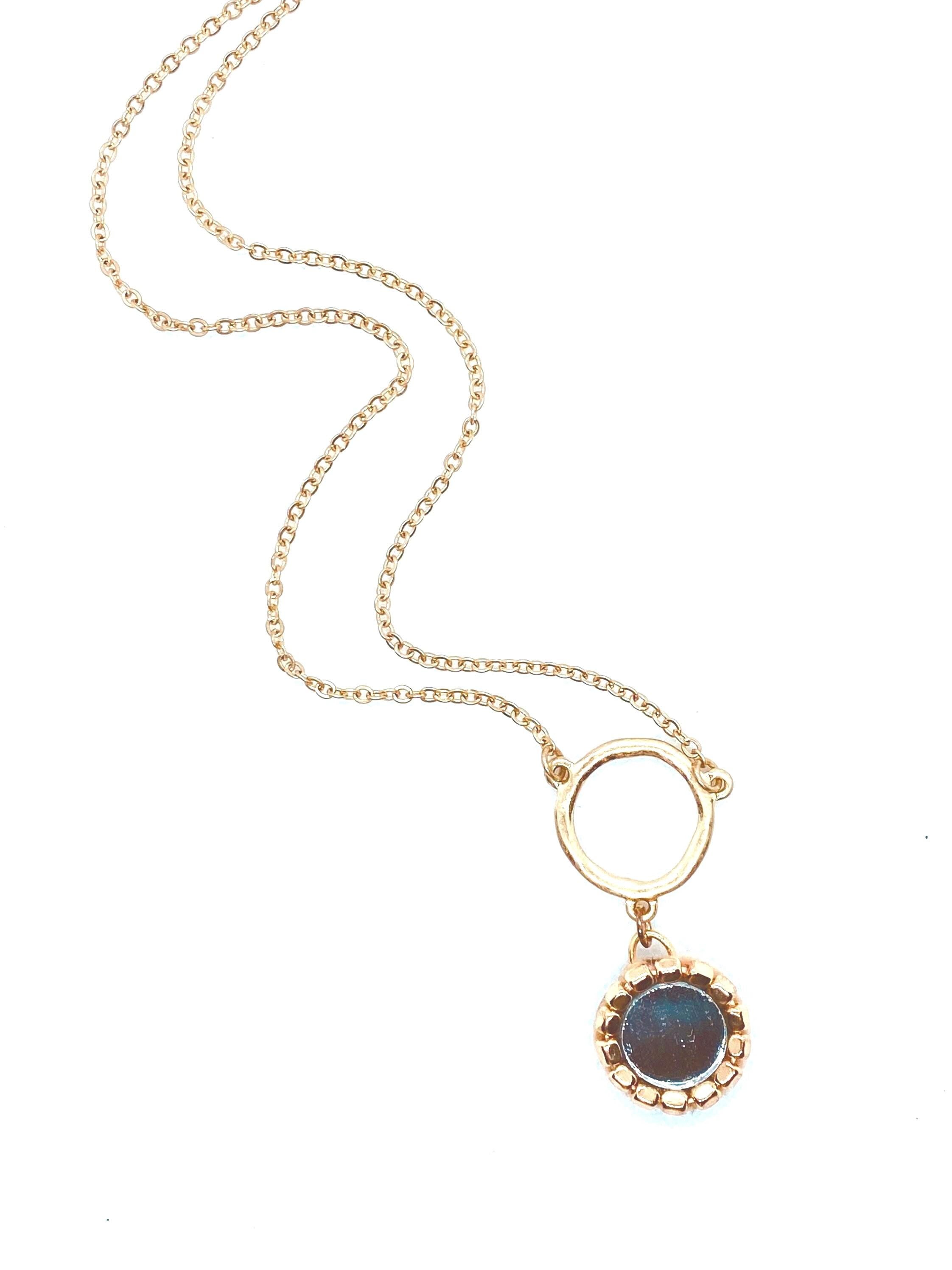 Matte Gold Plated Mirror Pendant Necklace, Beaded Design