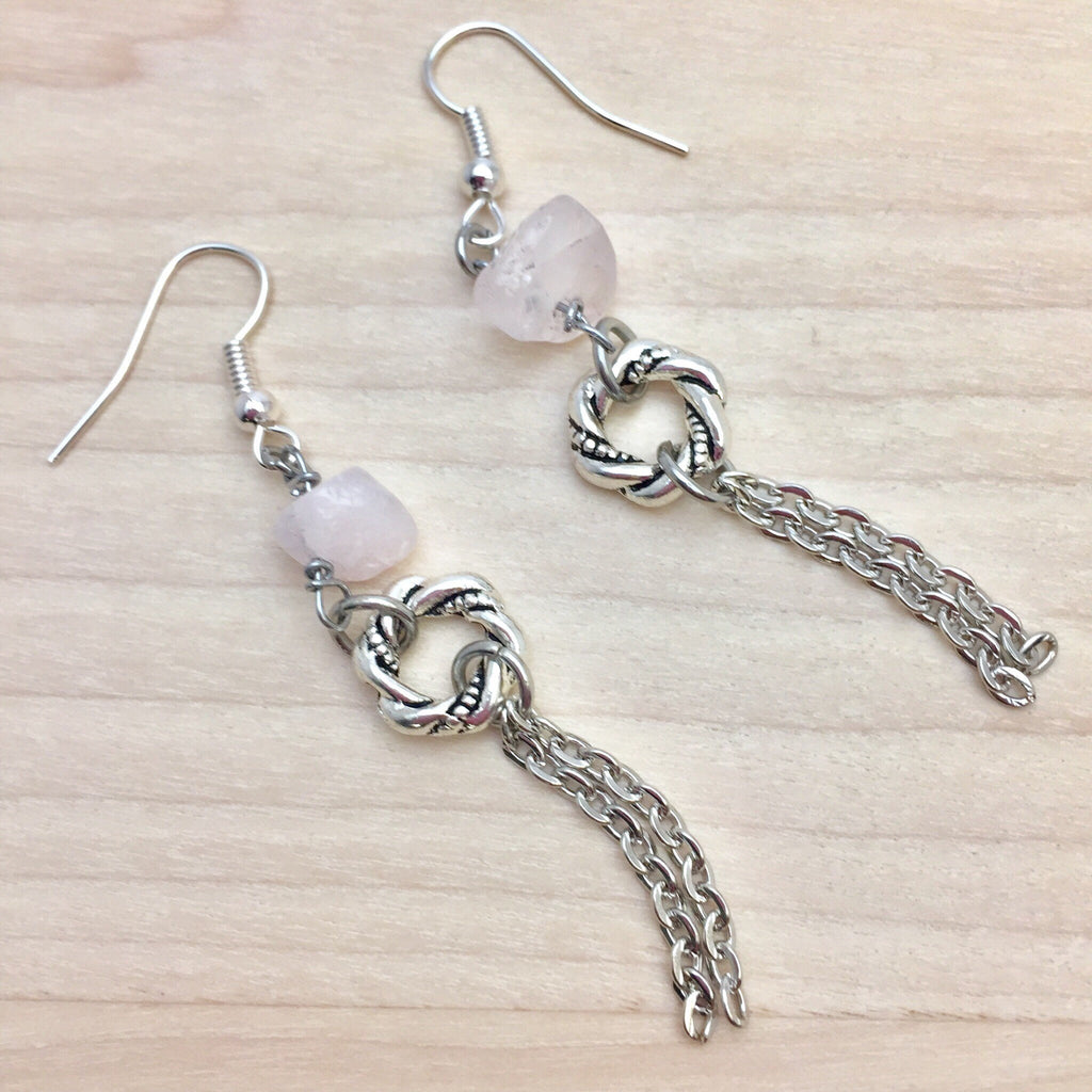 Rose Quartz Dangle Earrings, Silver Plated Chain, Lightweight