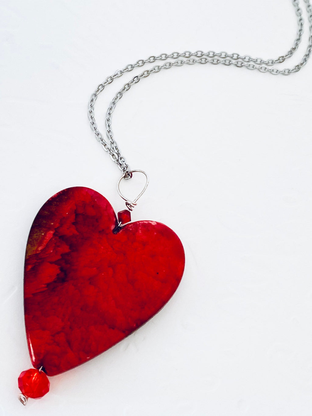 Red Glass Heart Pendant Necklace, Silver Plated Chain, Czech Crystals