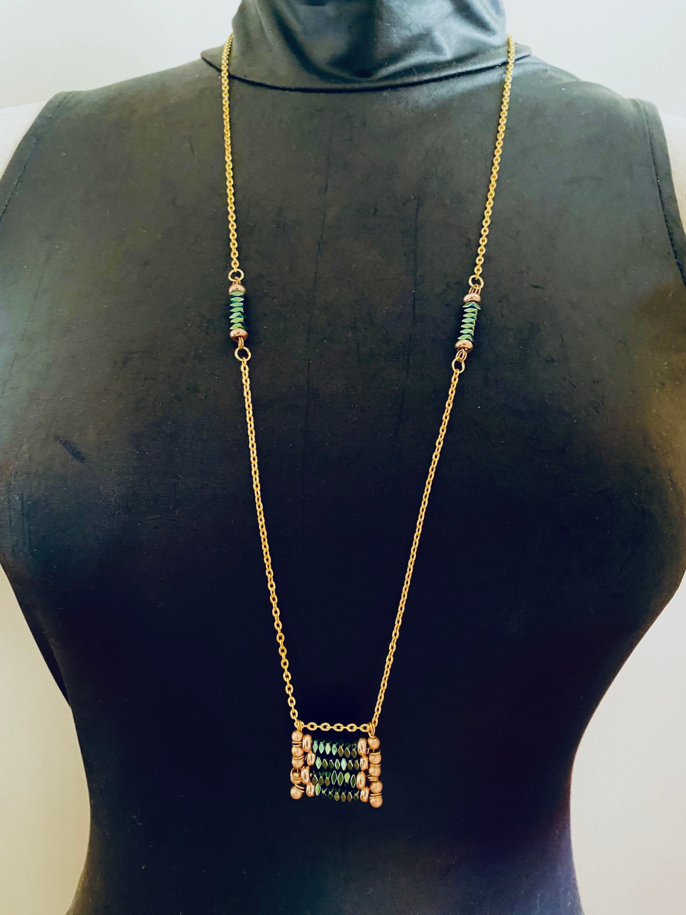Rectangular Beaded Pendant Necklace, Green and Matte Gold, 30 inch