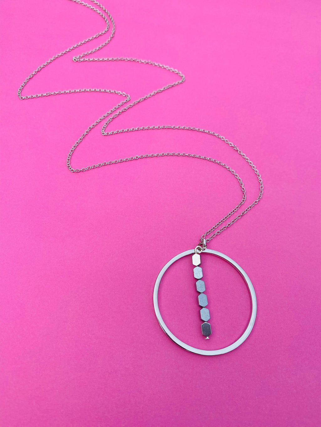 Silver Plated Circular Pendant Necklace with Hematite Beads, 30 Inch