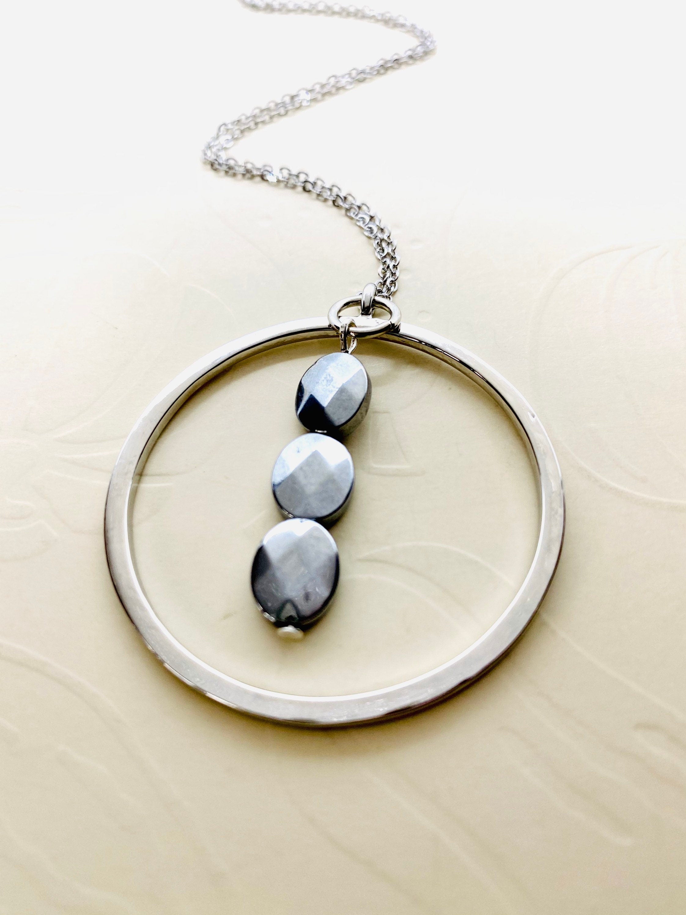 Silver Plated Circular Pendant Necklace, Faceted Bead Accent, 30 Inch