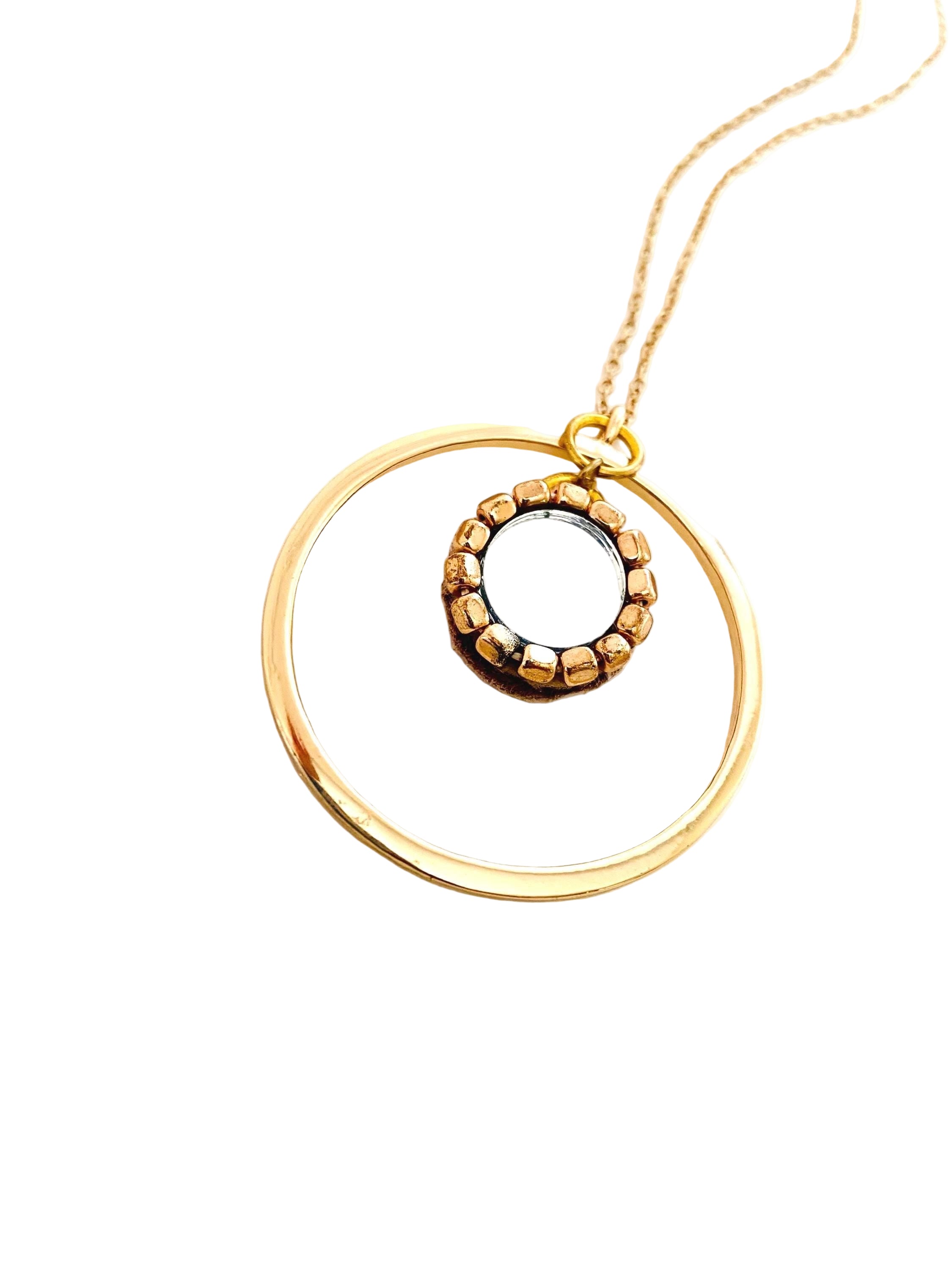 Mirror Pendant Necklace, 30" Gold Plated Circular Necklace