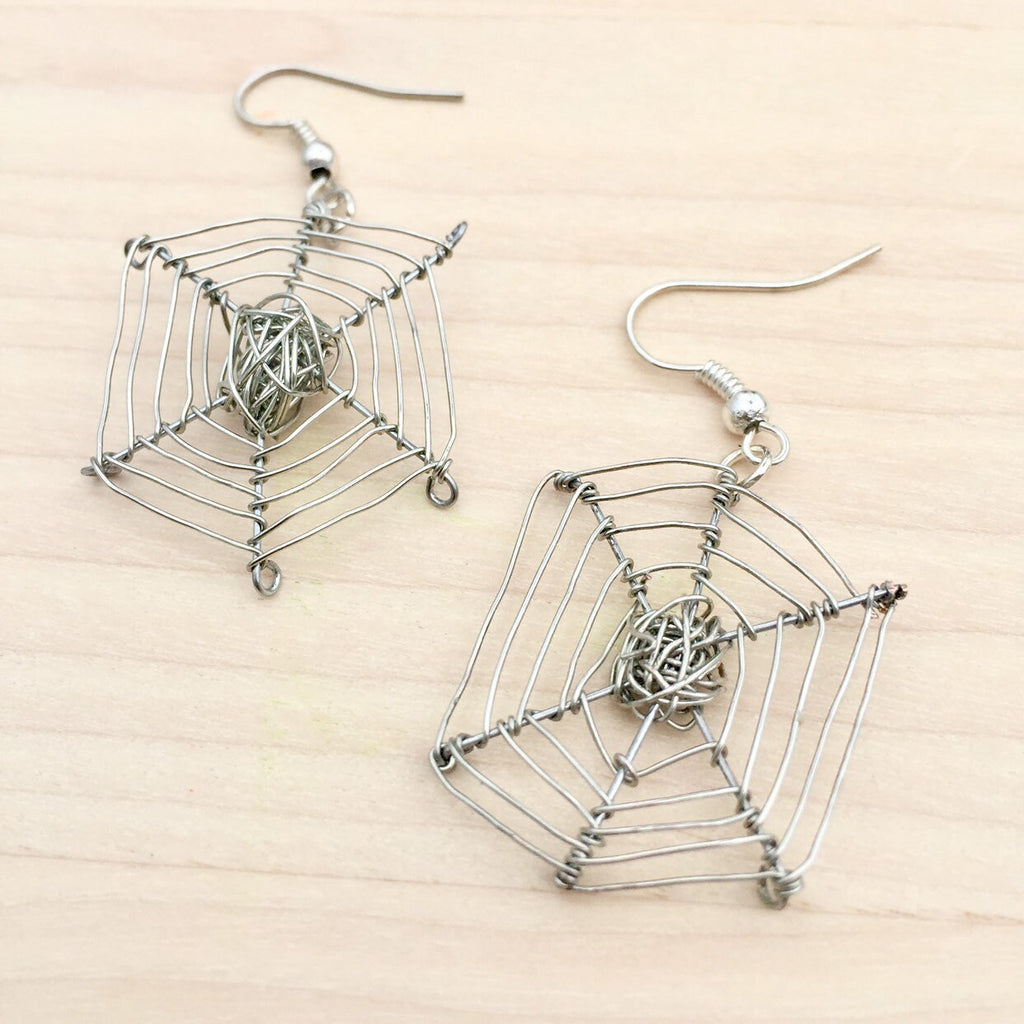 Silver Plated Wire Spider Web Earrings, Halloween Jewelry