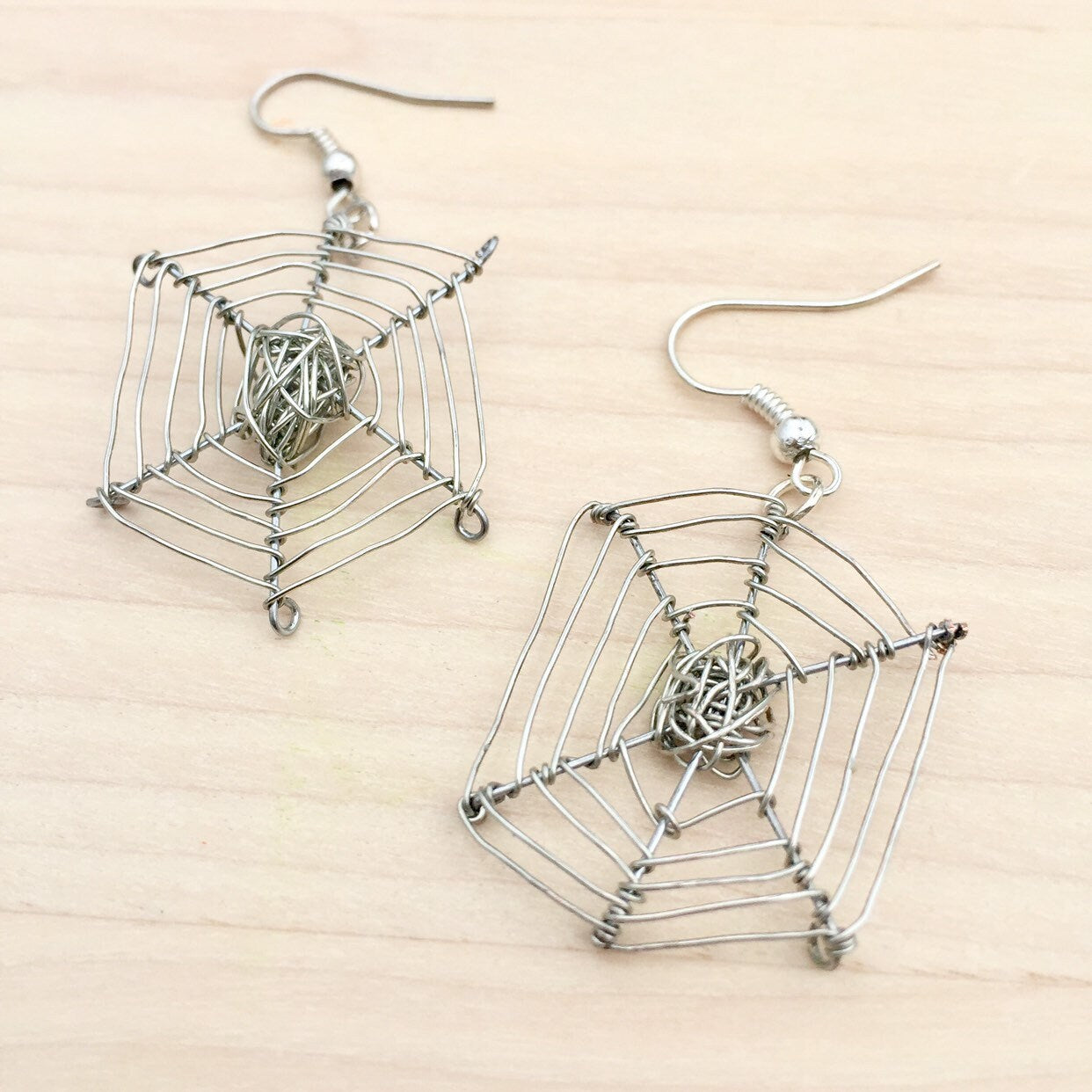 Silver Plated Wire Spider Web Earrings, Halloween Jewelry