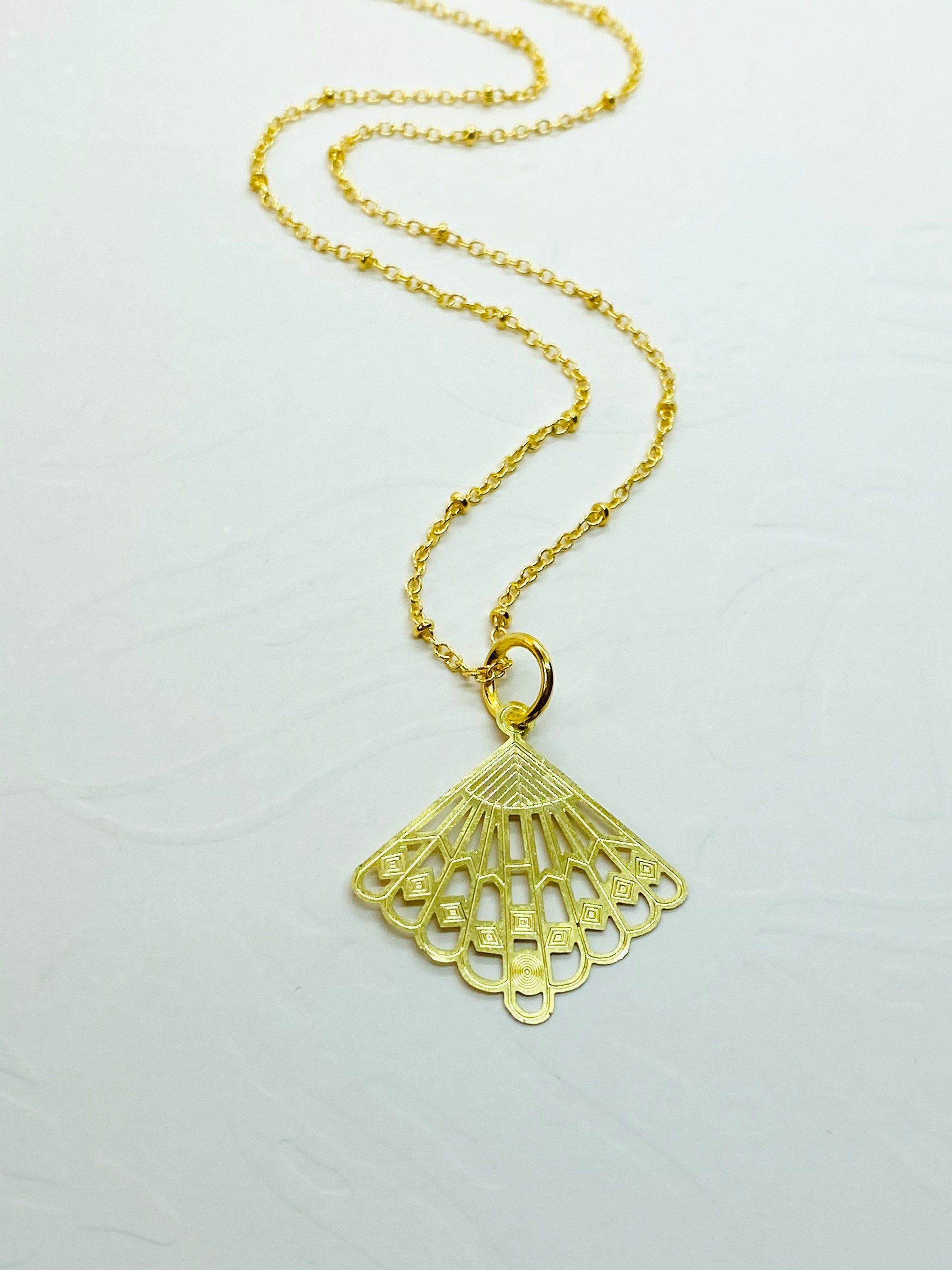 Gold Plated Filigree Fan Necklace, Elegant Gift for Her