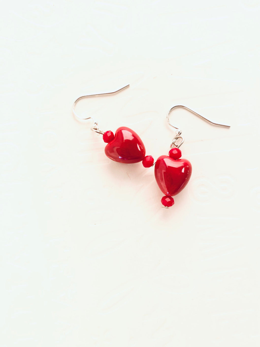 Red Glass Heart Earrings, Silver Plated Hooks, Czech Crystal Festive Jewelry