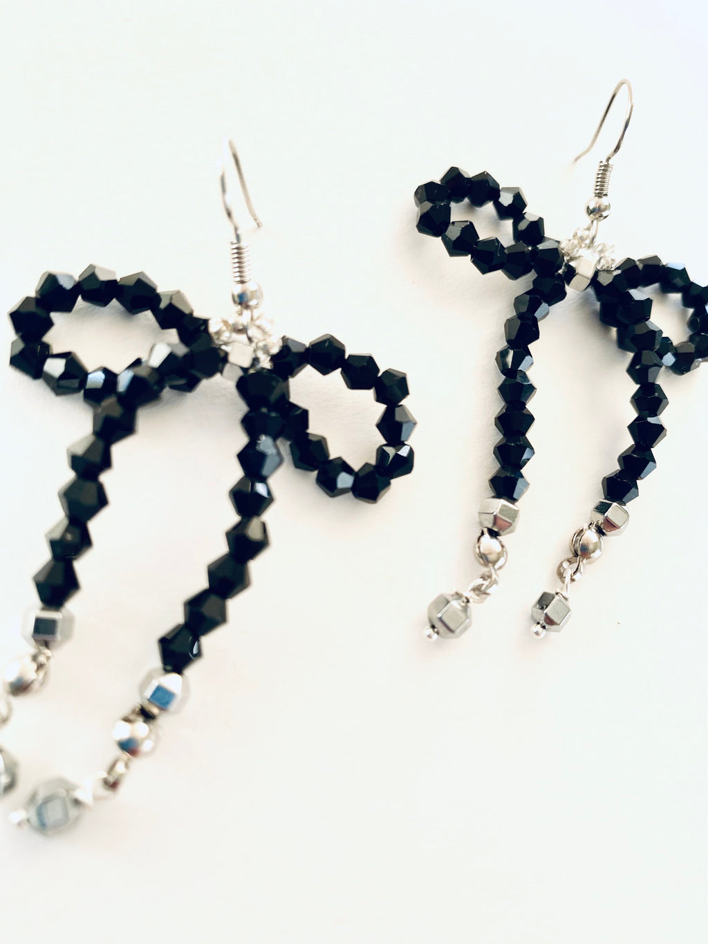 Black Crystal Bow Earrings, Silver Plated Hooks, Beaded Festive Jewelry