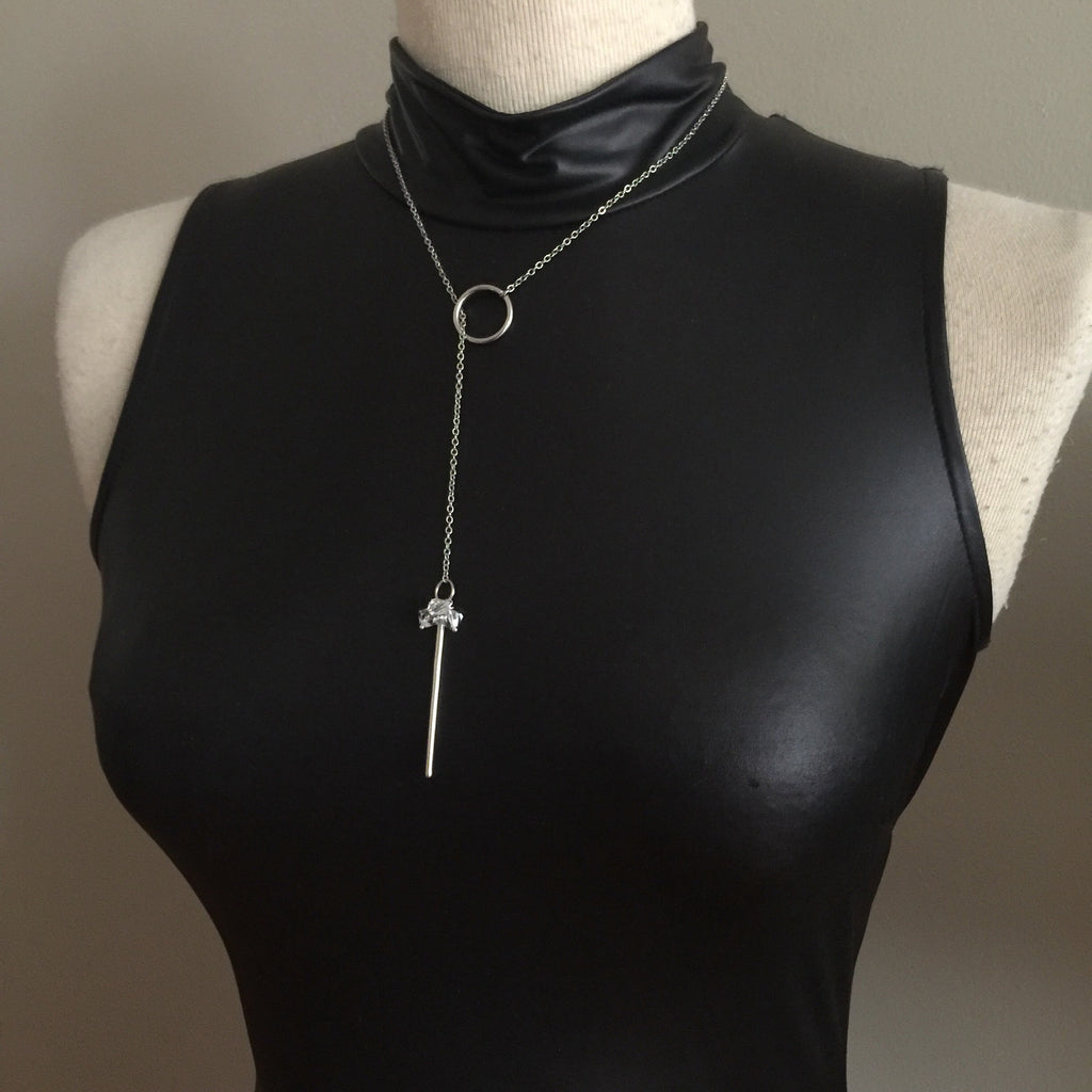 Crystal Lariat Necklace, Silver Chain, Chic Minimalist Jewelry