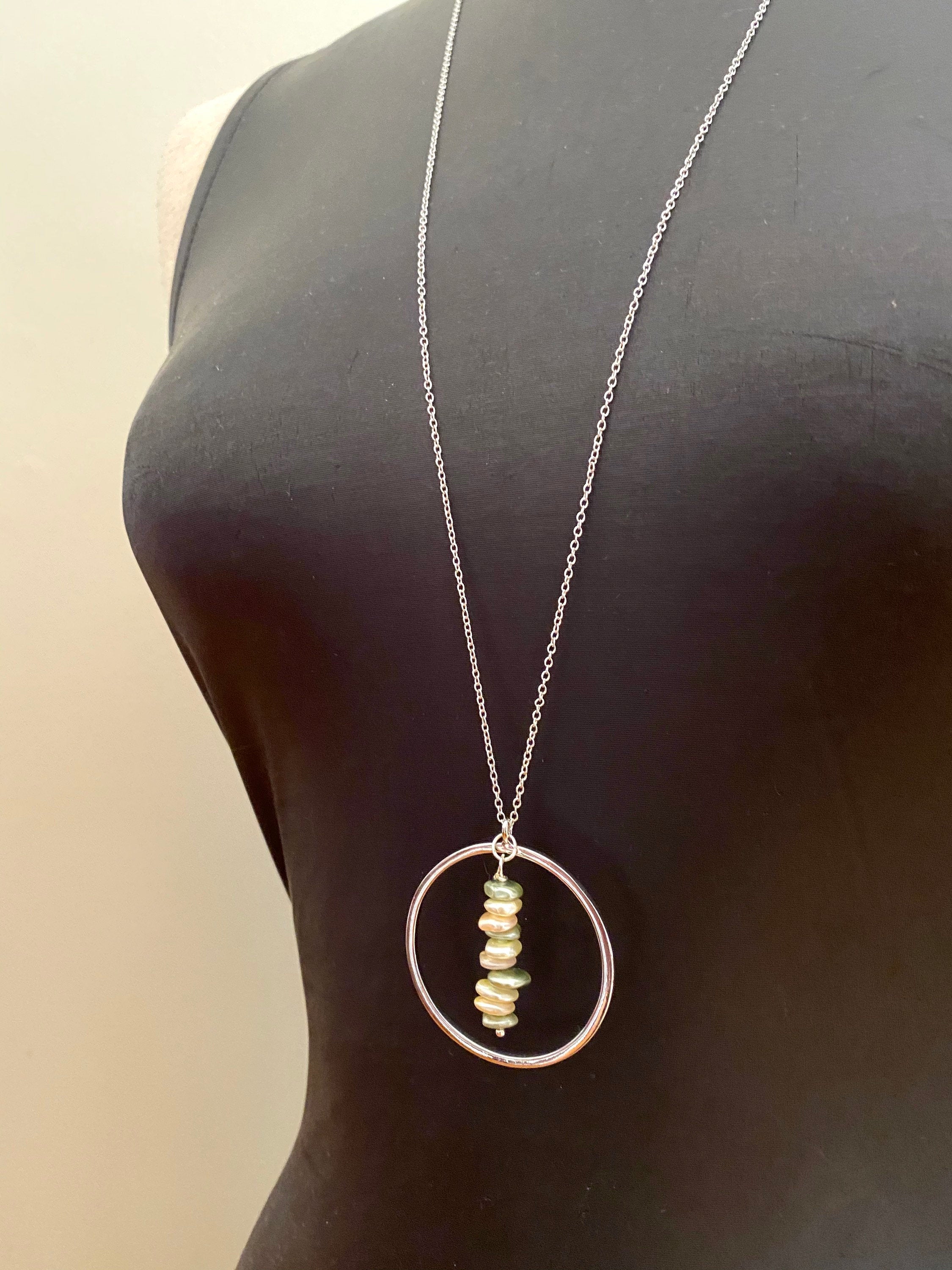 Cream Sage Pearl Necklace, Silver Circular Pendant, 30 inch Chain