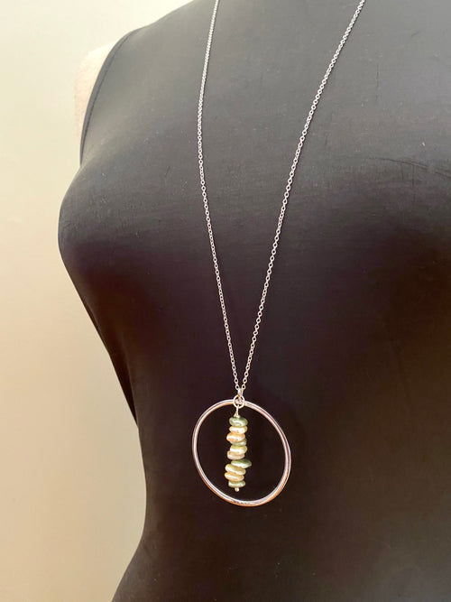 Cream Sage Pearl Necklace, Silver Circular Pendant, 30 inch Chain