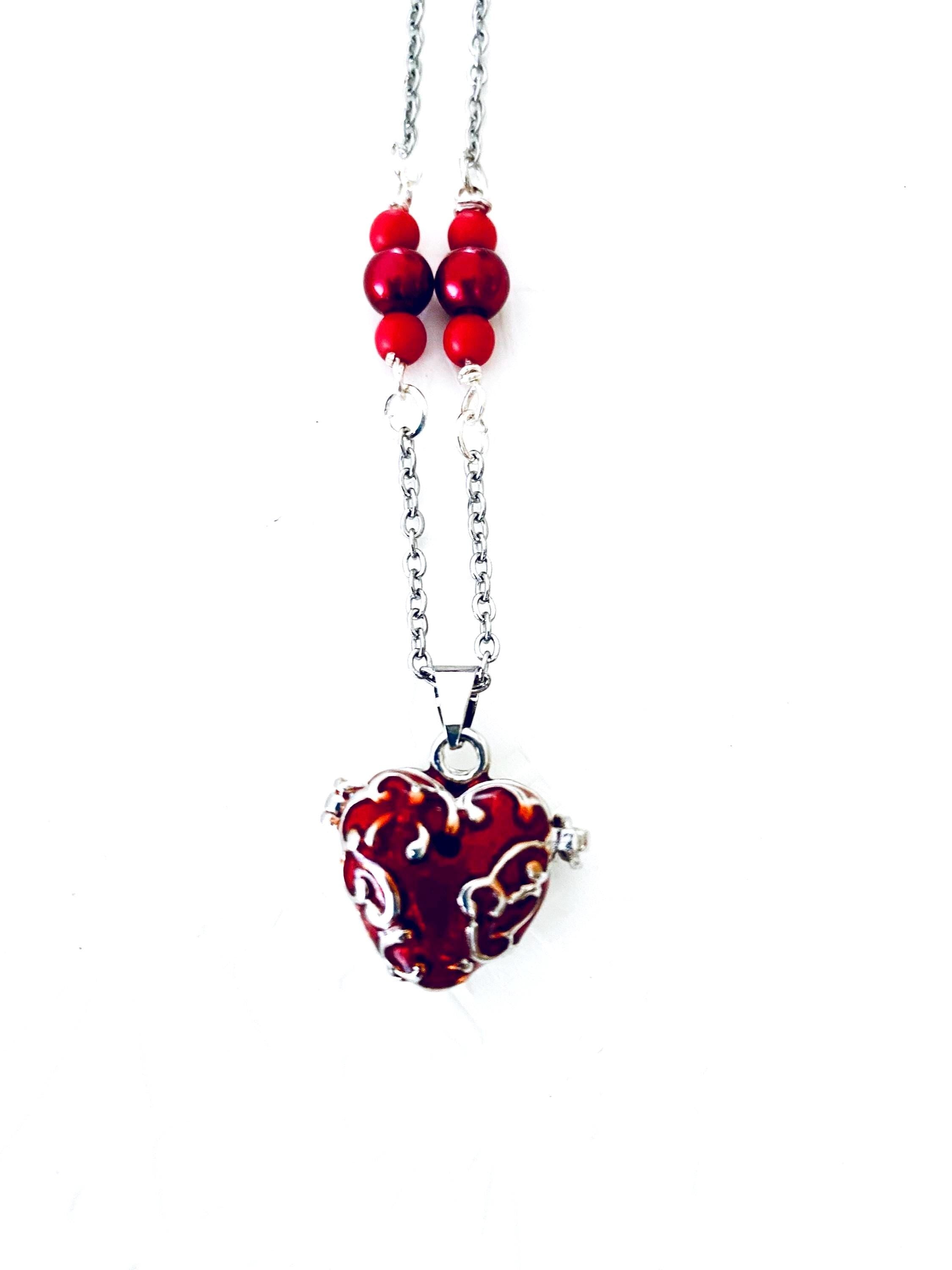 Red Heart Locket Necklace, Filigree Pendant, Sentimental Keepsake