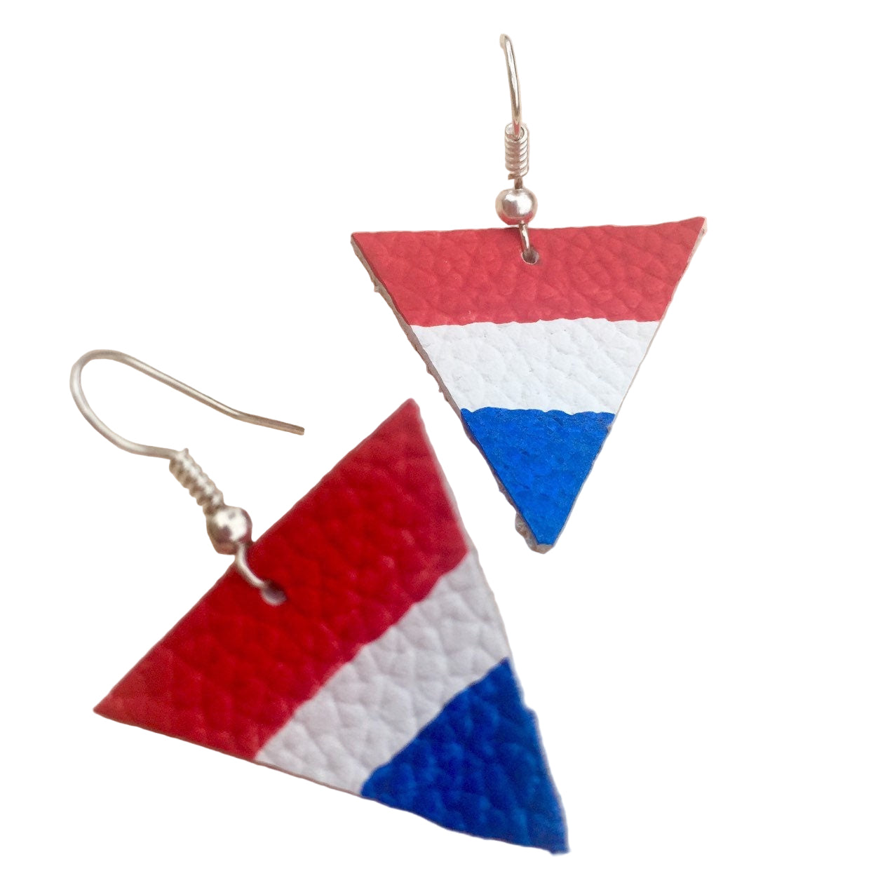Handmade Leather Triangle Earrings, Red White Blue, Patriotic Jewelry