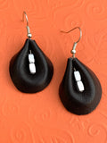 Black leather earrings, teardrop leather earrings, Fall leather earrings, black and silver leather earrings, sexy leather, gift ideas, soft