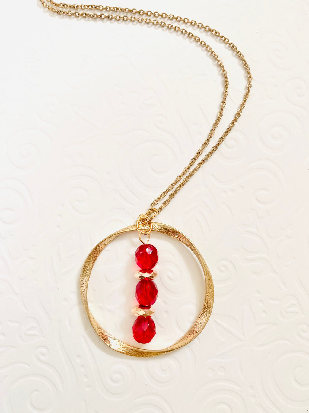 Red Crystal Gold Pendant Necklace, Circular Charm, 30 Inch Chain