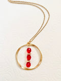 Red Crystal Gold Pendant Necklace, Circular Charm, 30 Inch Chain