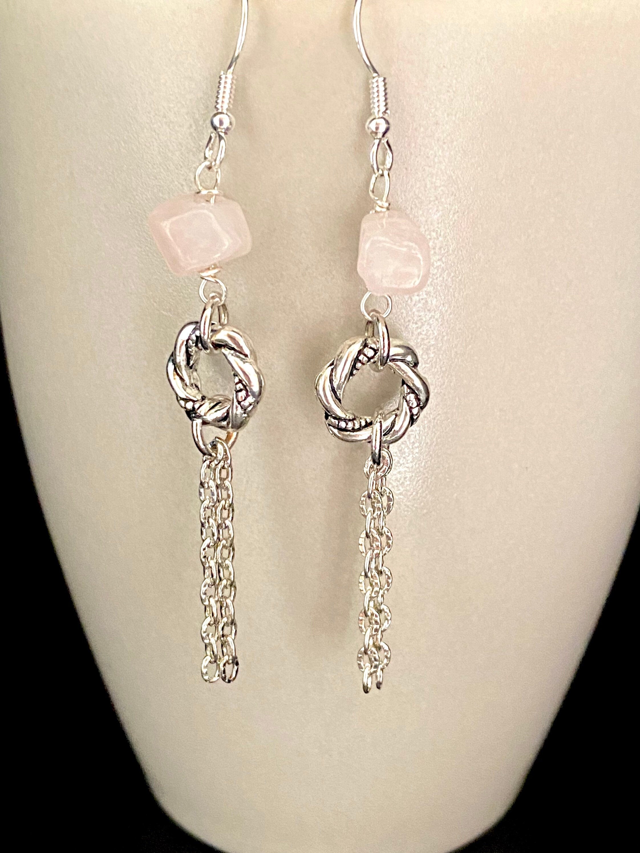 Rose Quartz Dangle Earrings, Silver Plated Chain, Lightweight