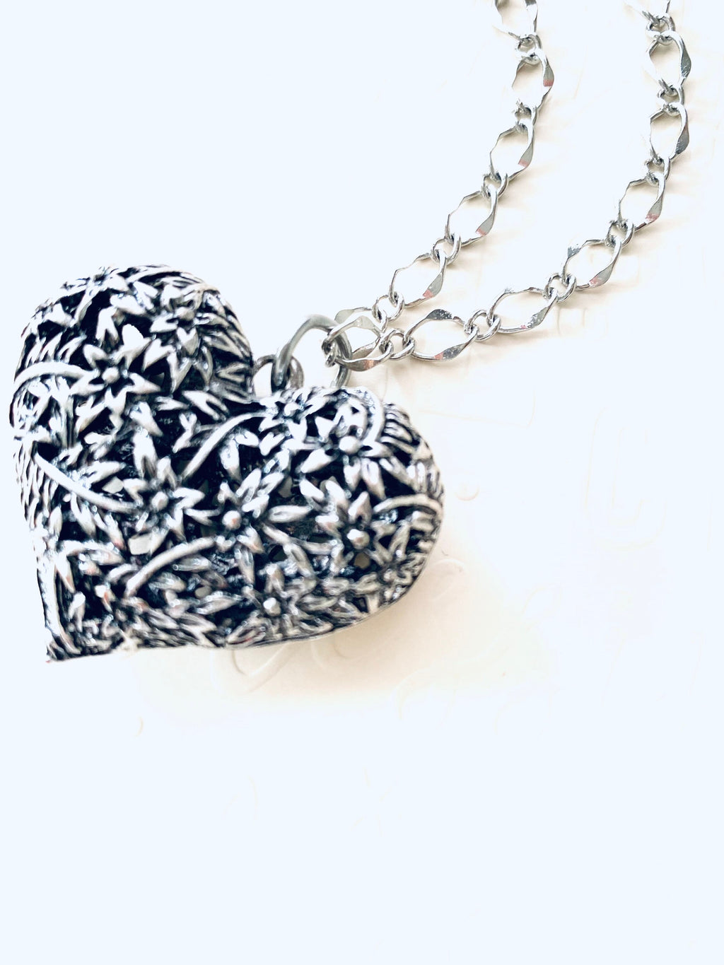 Flower Filigree Heart Pendant Necklace, Silver Plated Chain