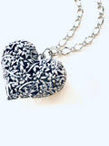 Flower Filigree Heart Pendant Necklace, Silver Plated Chain