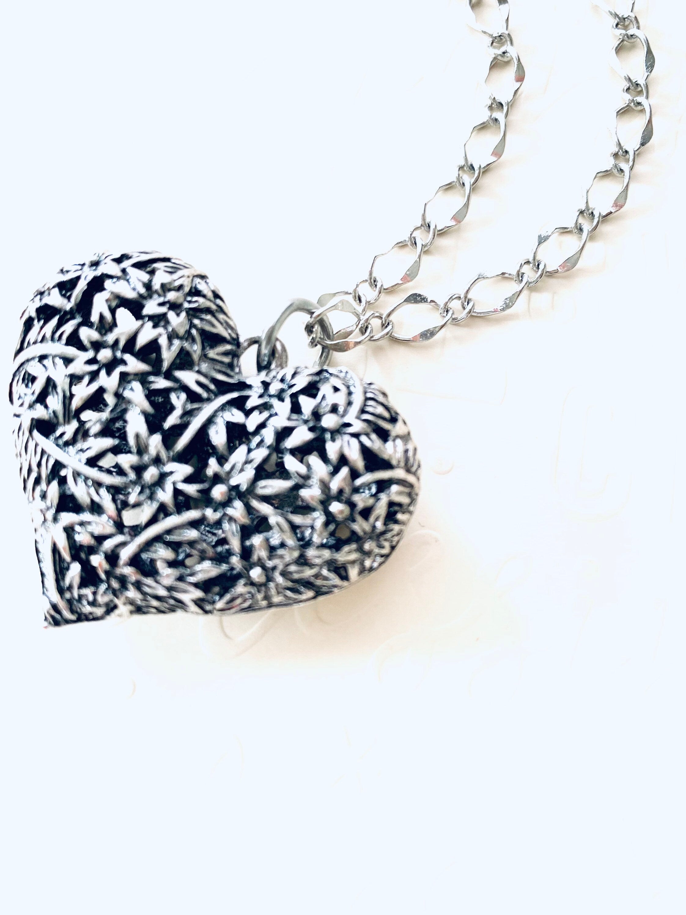 Flower Filigree Heart Pendant Necklace, Silver Plated Chain