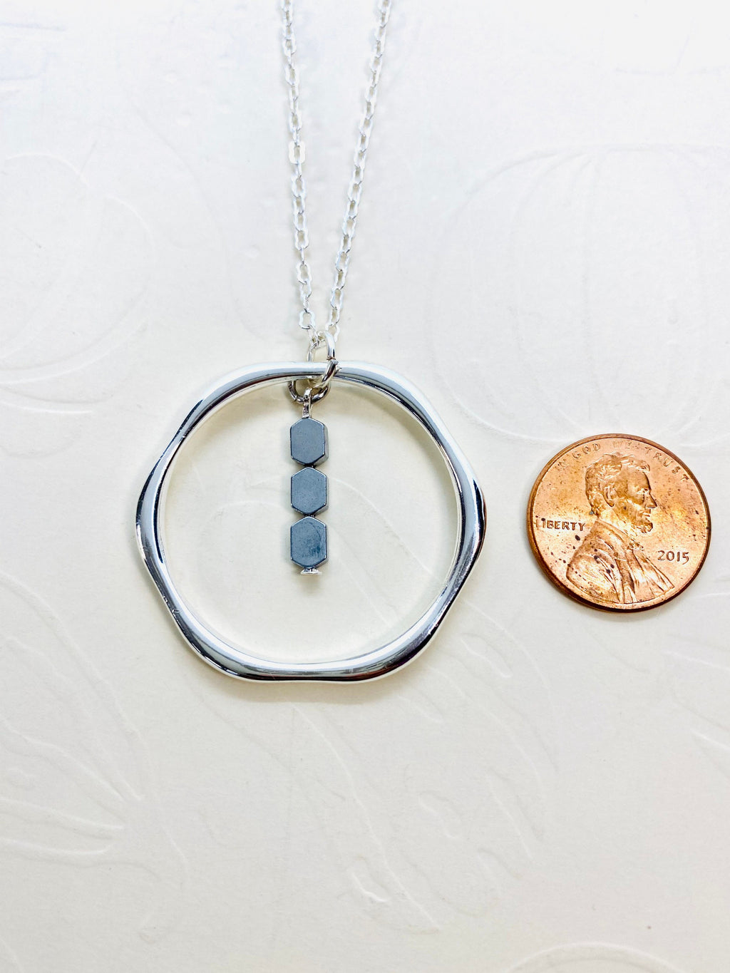 Silver Hexagon Pendant Necklace with Hematite Beads, 30 Inch Chain