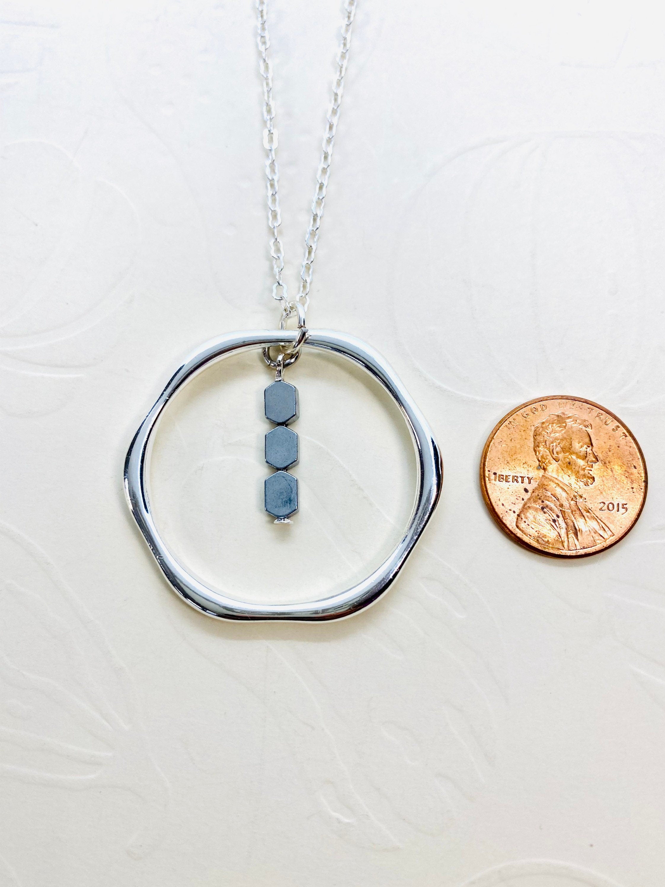 Silver Hexagon Pendant Necklace with Hematite Beads, 30 Inch Chain