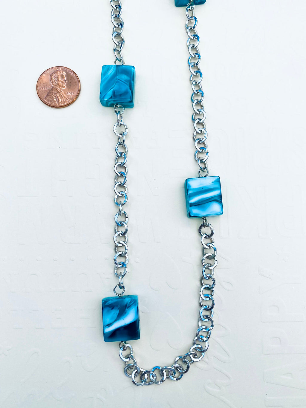 Blue Swirl Glass Bead Necklace, Silver Chain, 32 Inch