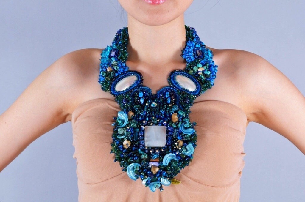 Hand Beaded Gemstone Statement Necklace, Mother of Pearl, Ocean Blue