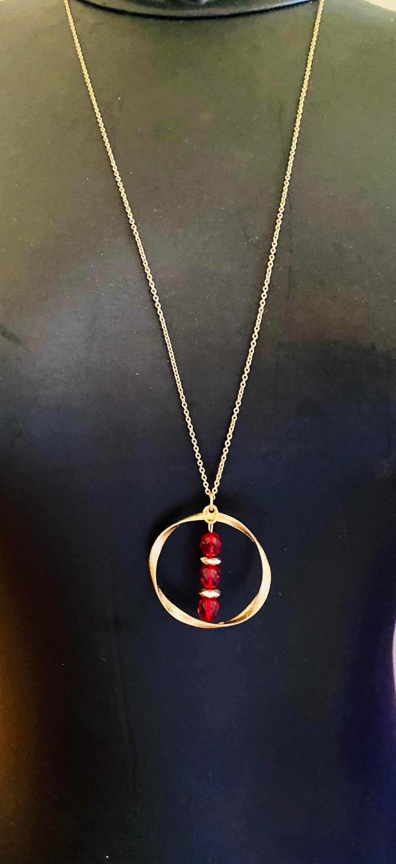 Red Crystal Gold Pendant Necklace, Circular Charm, 30 Inch Chain