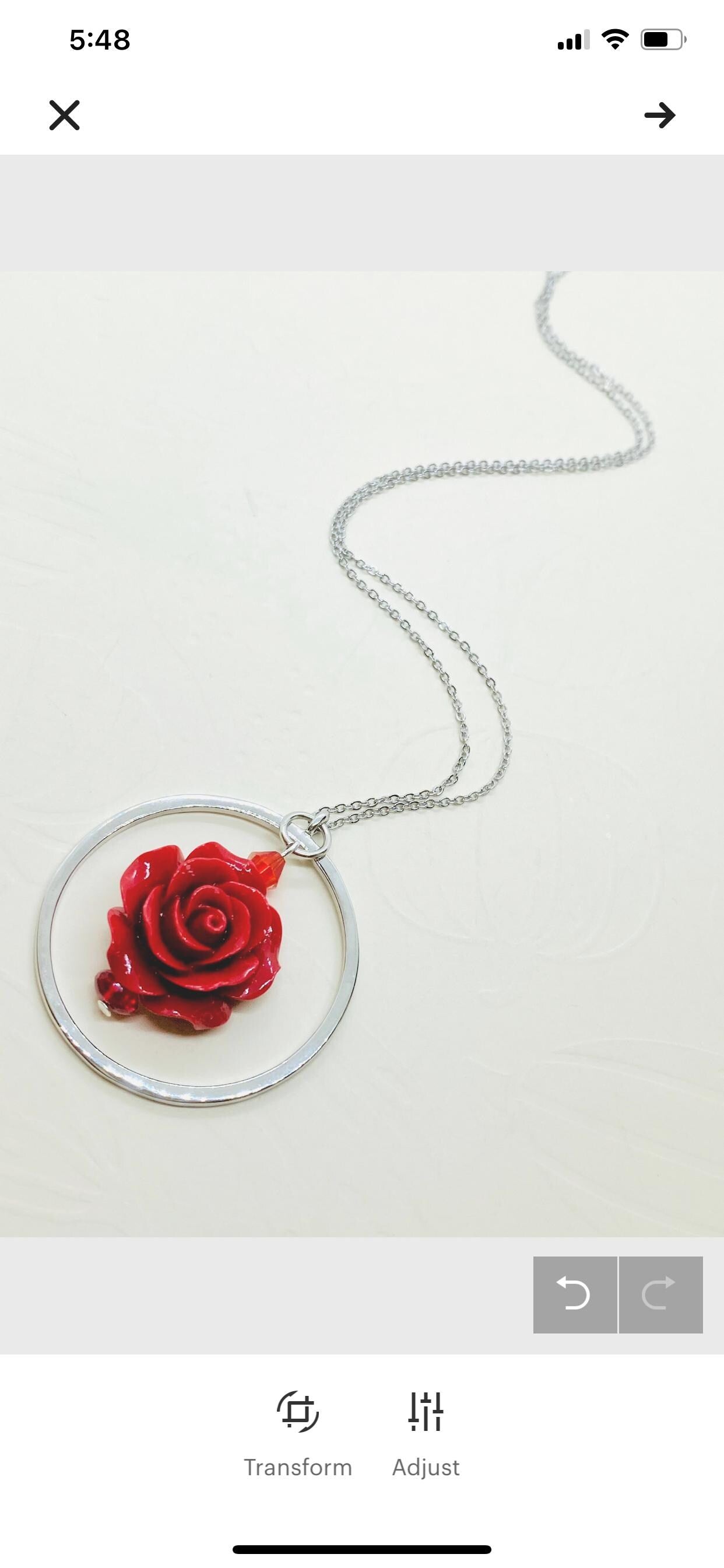Red Rose Circular Pendant Necklace, Silver Plated, 30 inch