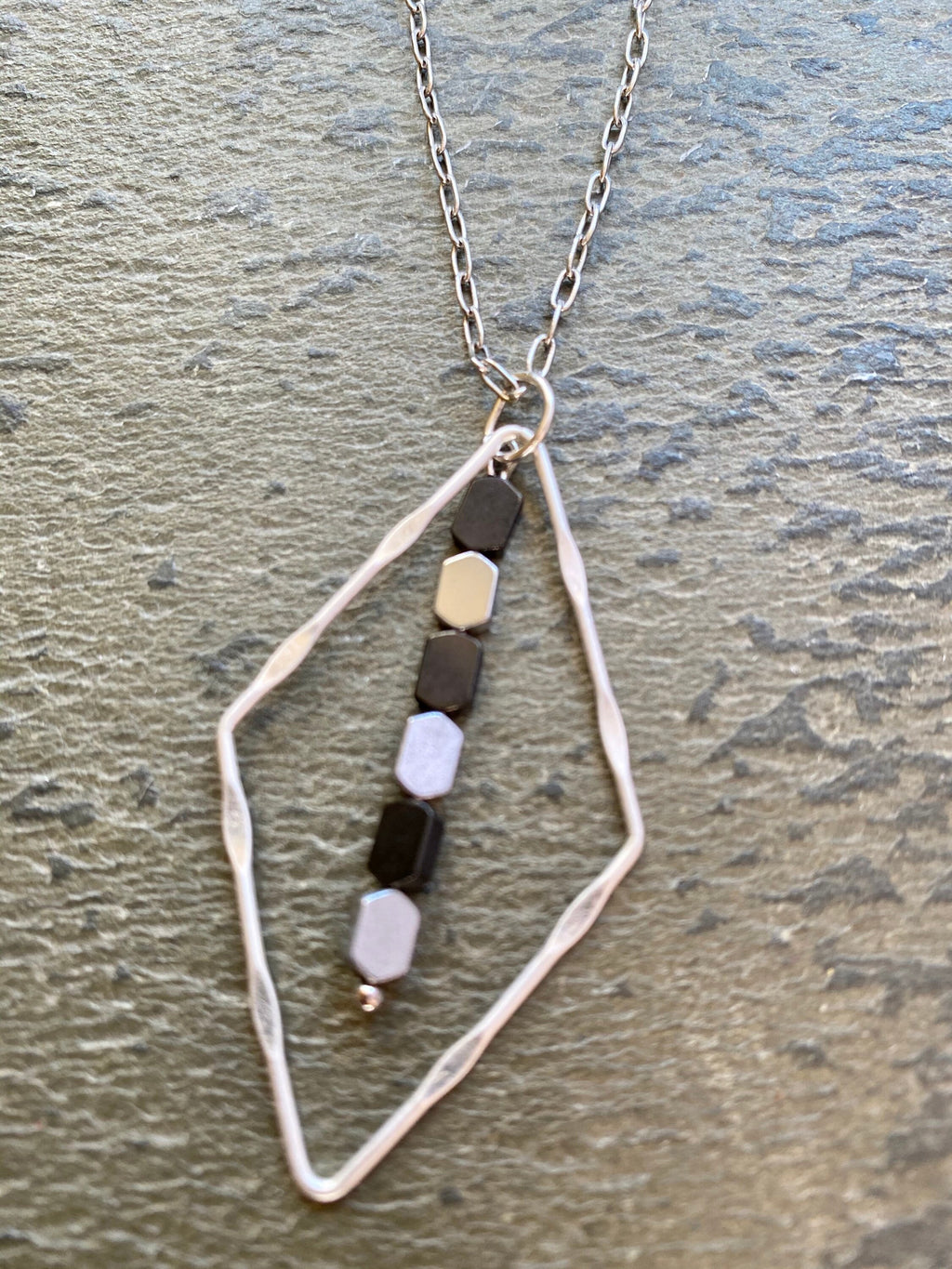 Dainty Silver Diamond Necklace, Black Hematite Beads, Two Tone