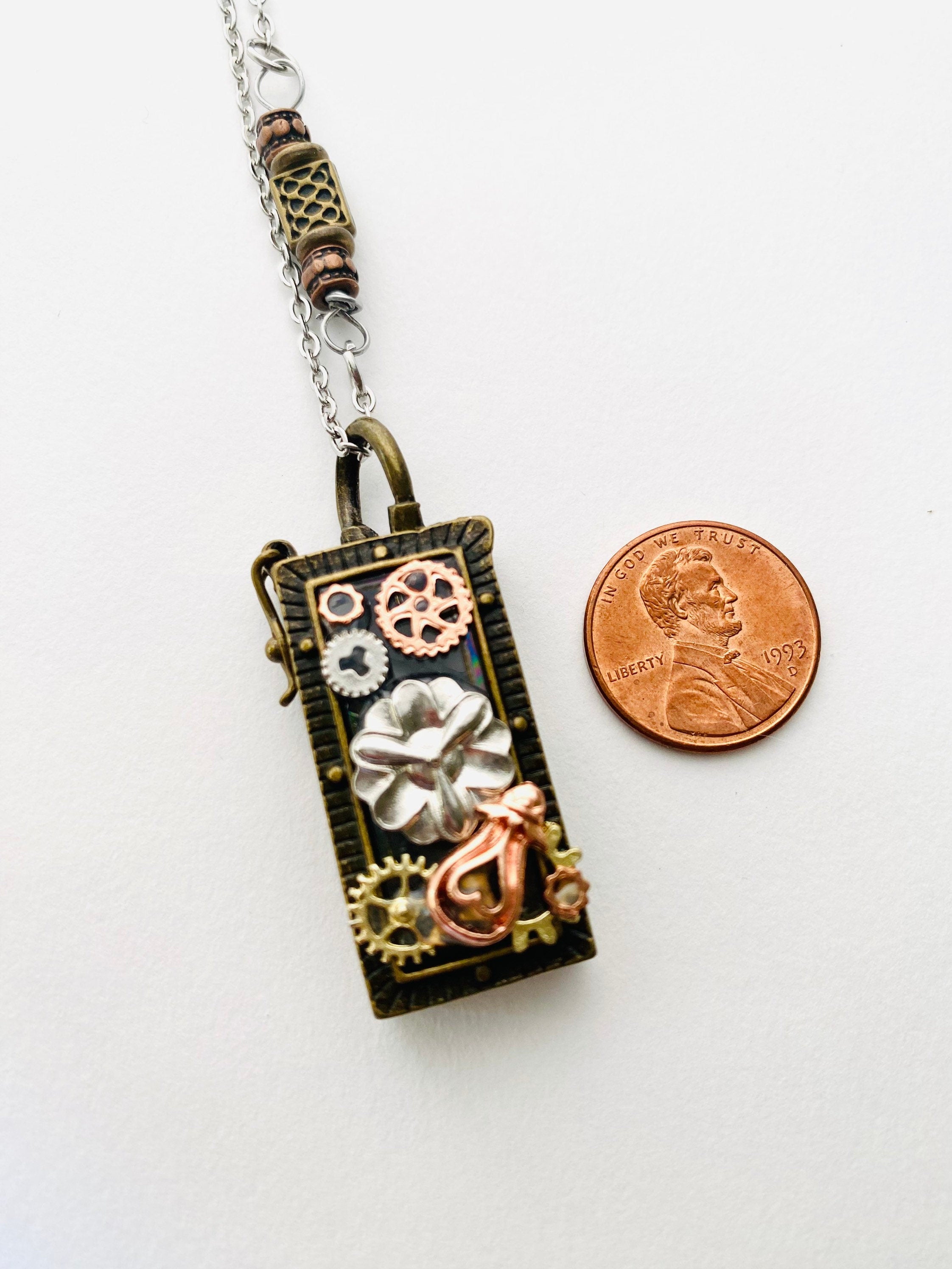 Steampunk Prayer Box Locket Necklace, Secret Compartment, Filigree Pendant