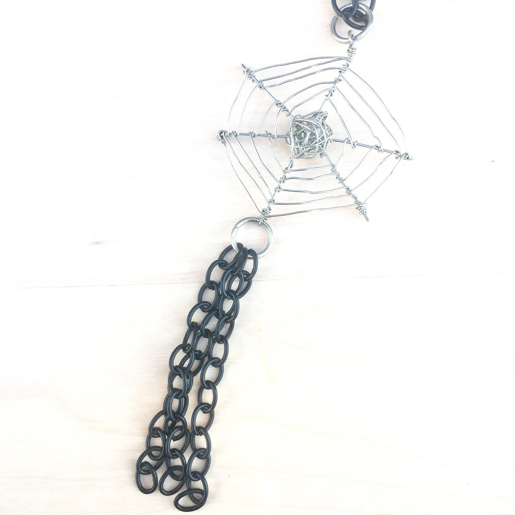 Halloween Spider Web Necklace, Silver Plated, Black Cable Chain