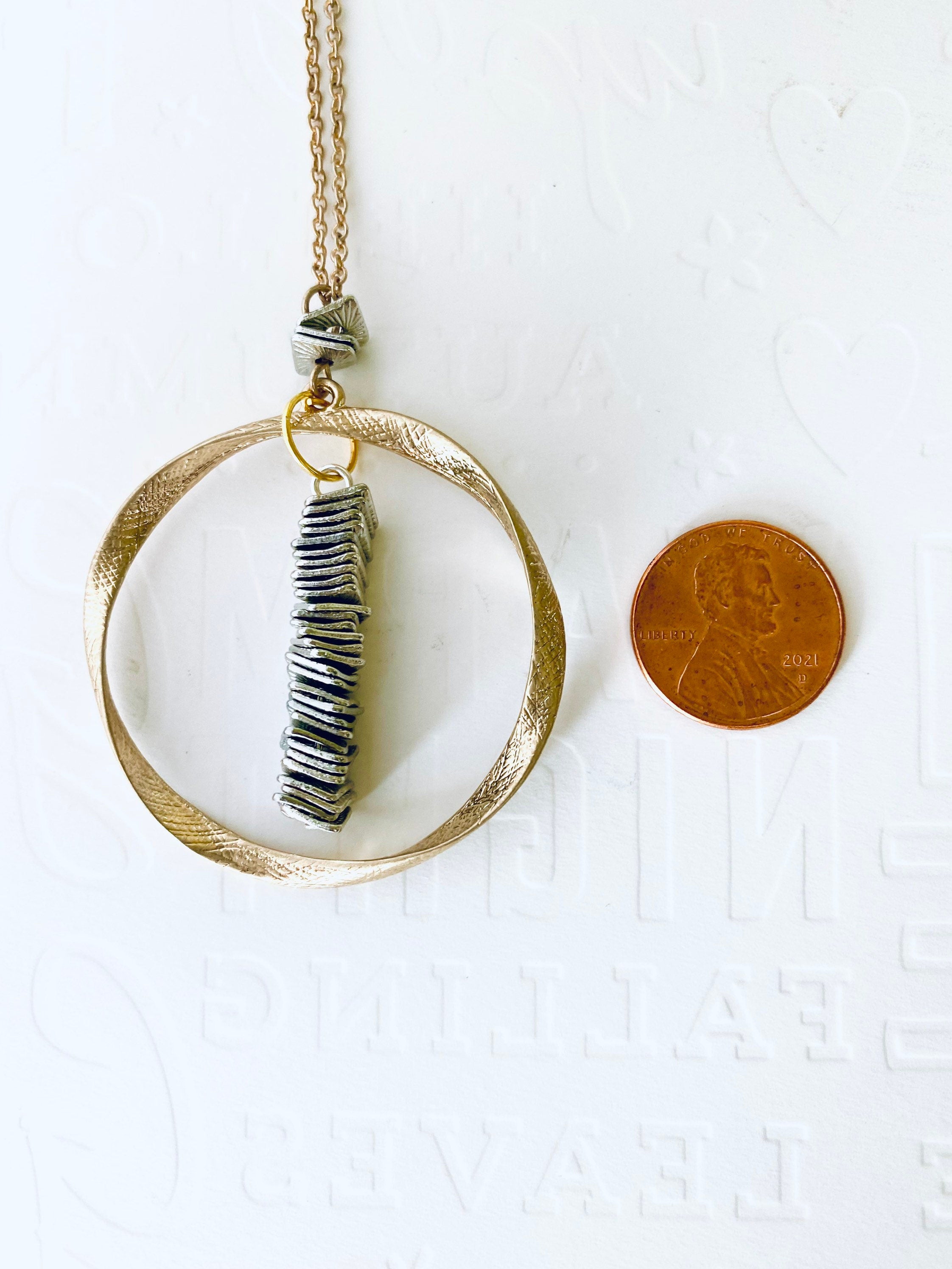 Gold Plated Circular Pendant Necklace with Silver Beads, 30 Inch