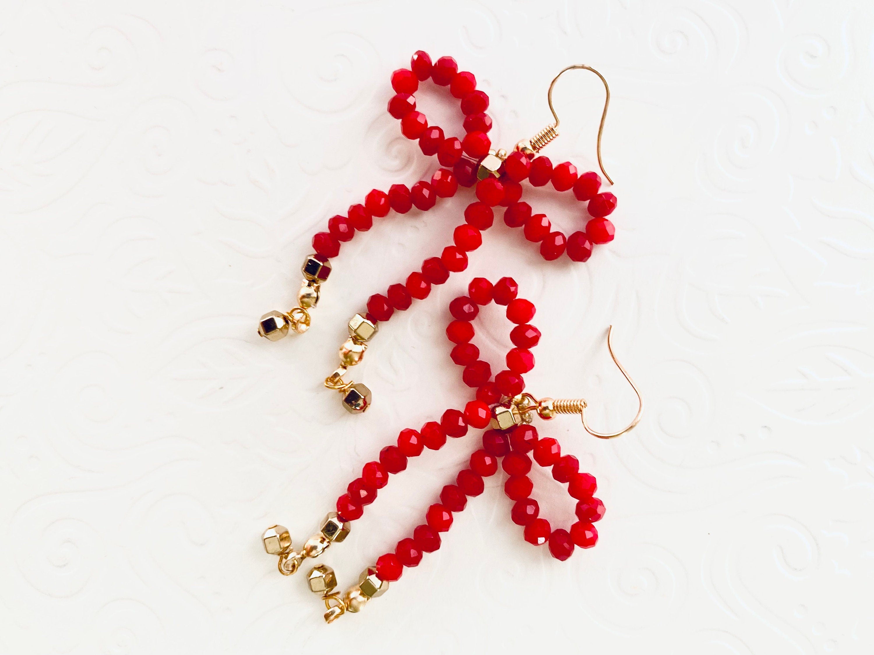Red Crystal Bow Earrings, Gold Plated Hooks, Handmade
