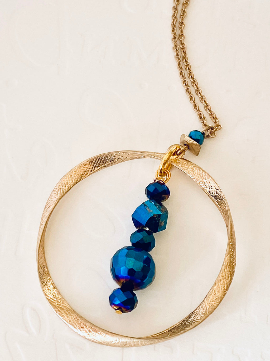 Royal Blue Crystal Pendant Necklace, Gold Plated Circular Necklace, 30 Inch