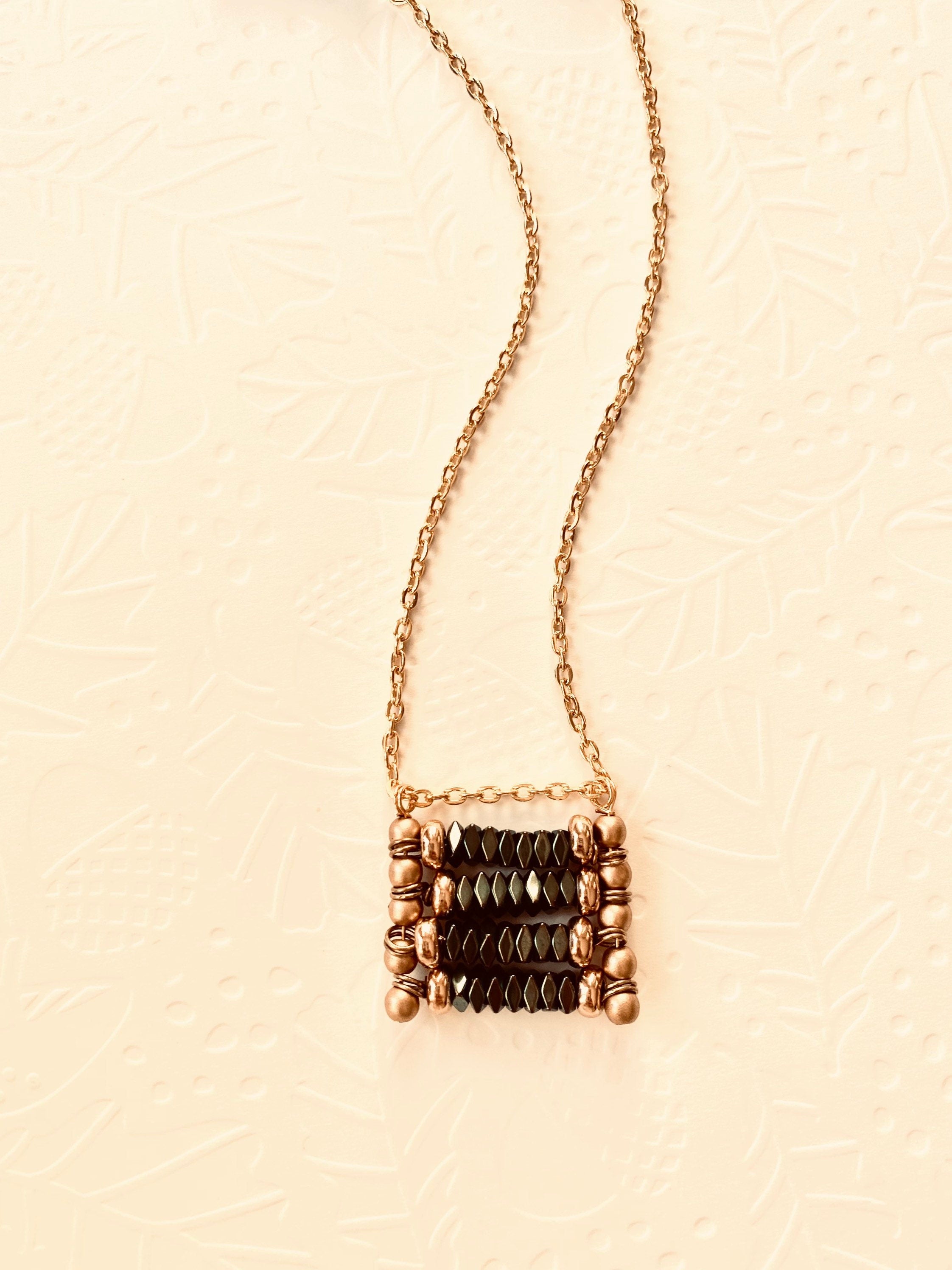 Rectangular Beaded Pendant Necklace, Green and Matte Gold, 30 inch