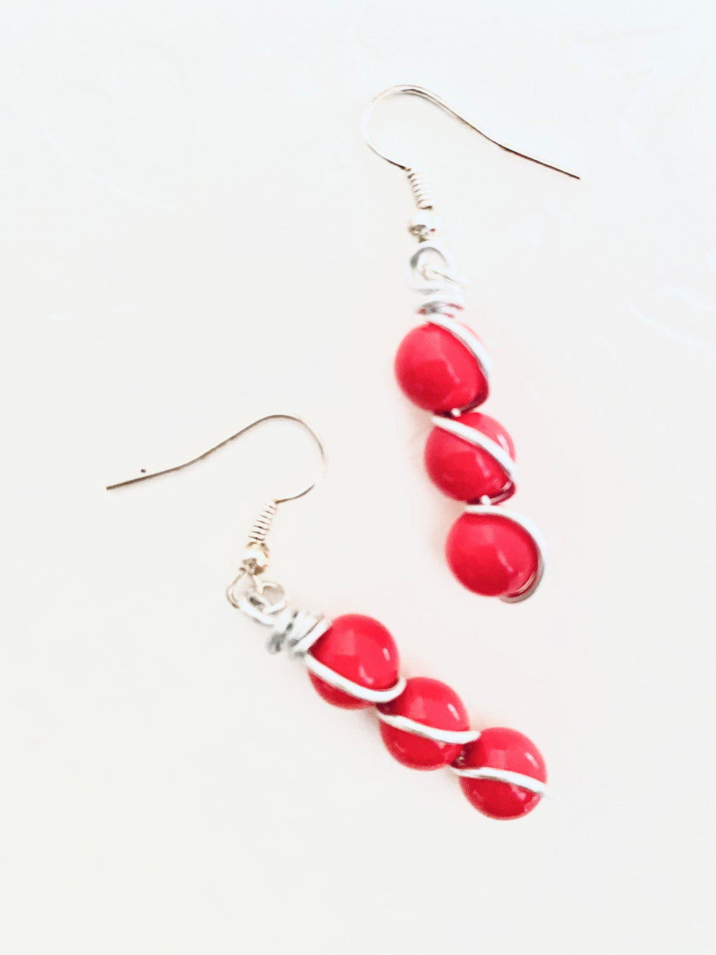 Red Coral Bead Earrings, Silver Plated Spiral Wire, Festive Jewelry