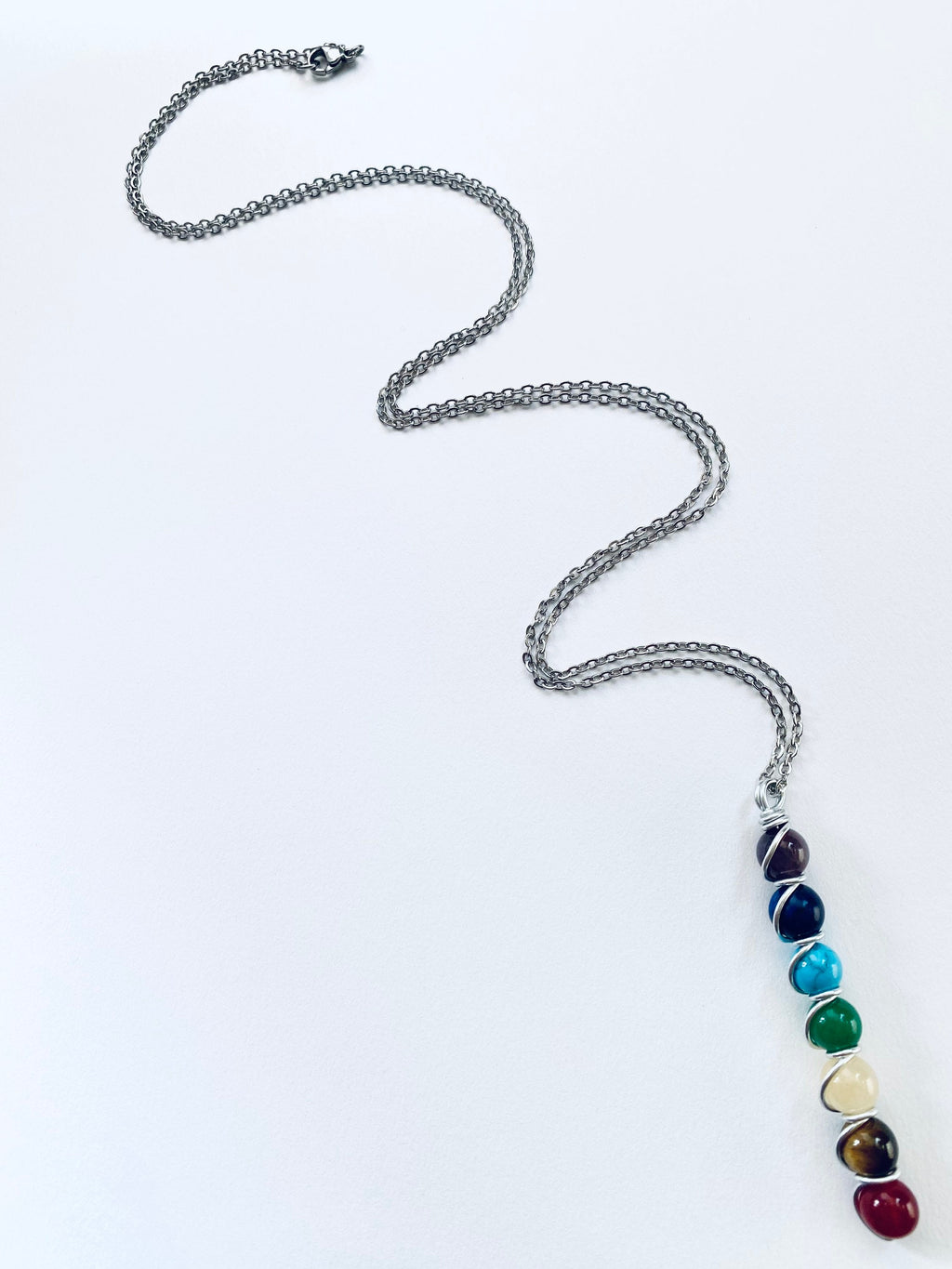 7 Chakra Gemstone Necklace, Spiritual Balance, Silver Plated Chain