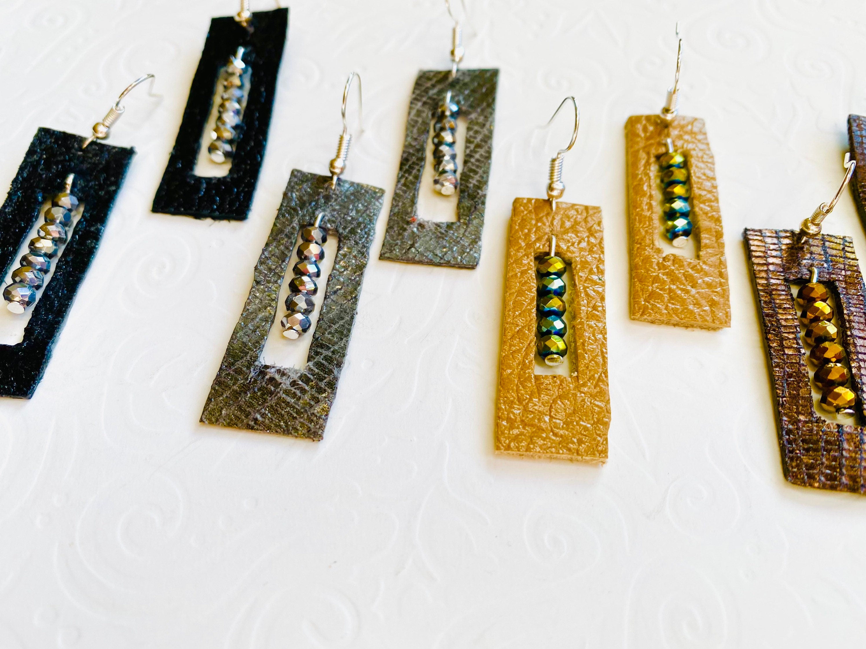 Rectangular Leather Earrings, Crystal Beaded, Handmade