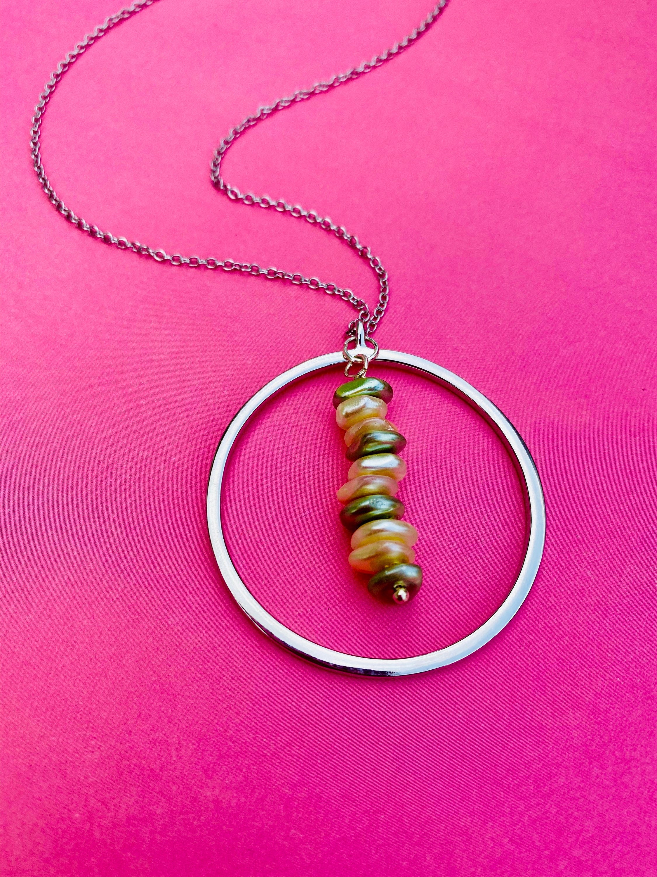 Cream Sage Pearl Necklace, Silver Circular Pendant, 30 inch Chain