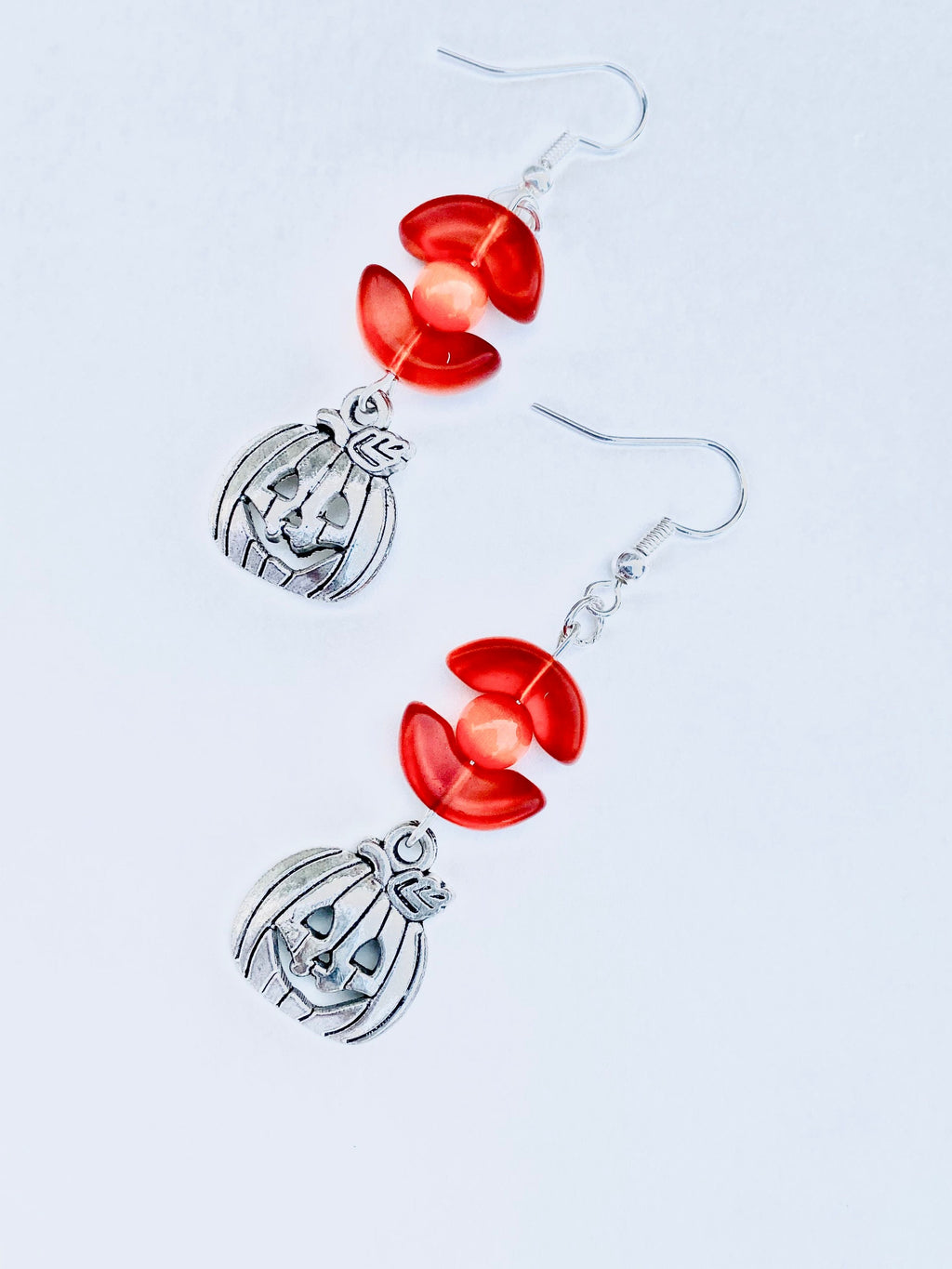 Halloween Pumpkin Earrings, Orange Beads, Silver Plated, Festive
