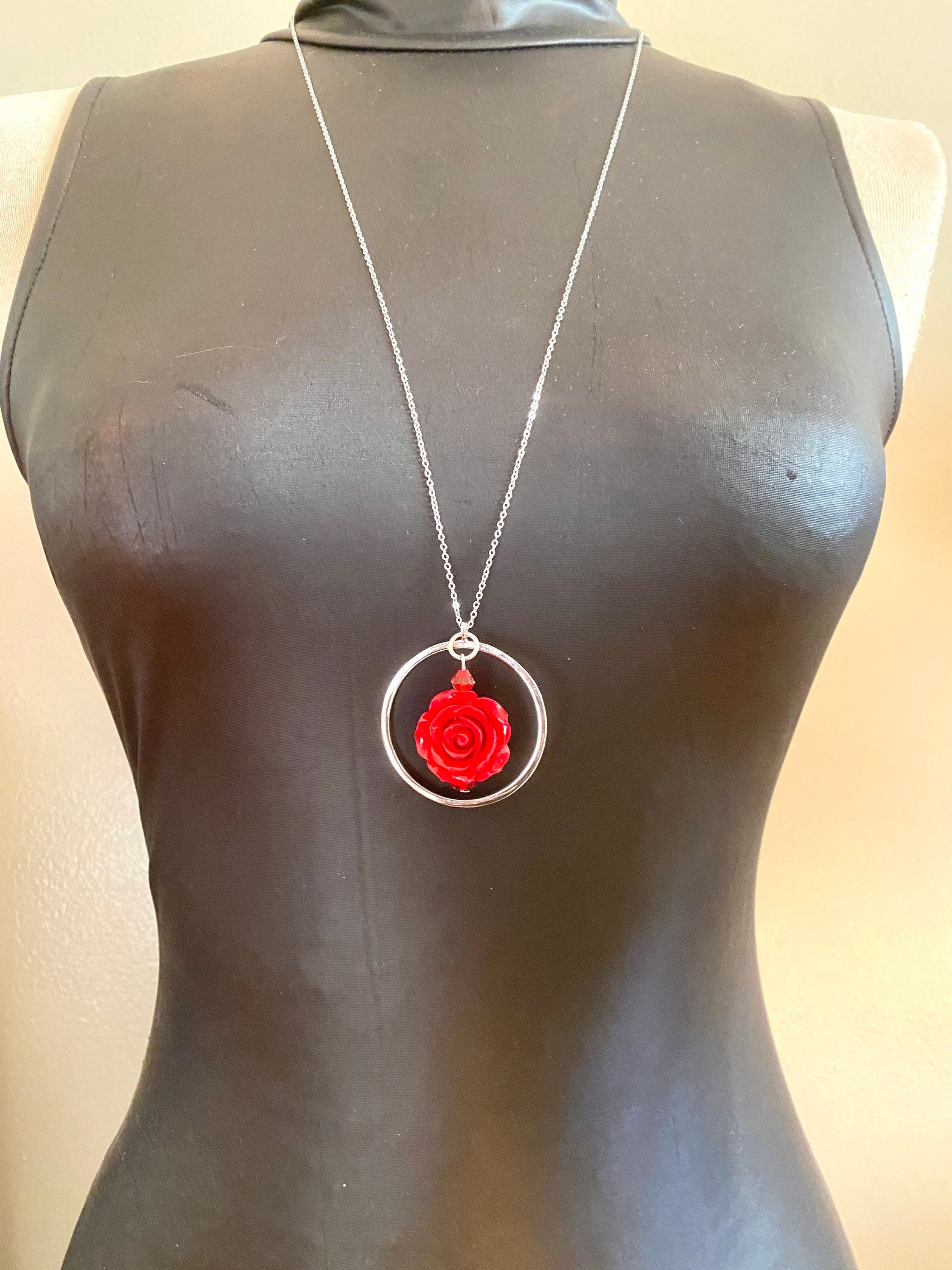 Red Rose Circular Pendant Necklace, Silver Plated, 30 inch