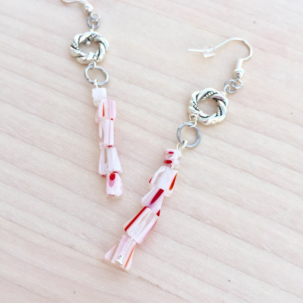 Handmade Candy Cane Glass Bead Earrings, Christmas Holiday Jewelry