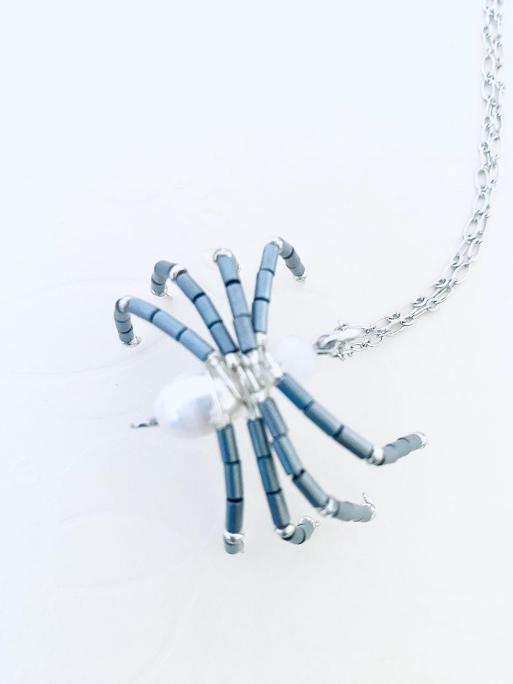 Beaded Spider Necklace, Pearl Pendant, Halloween Jewelry