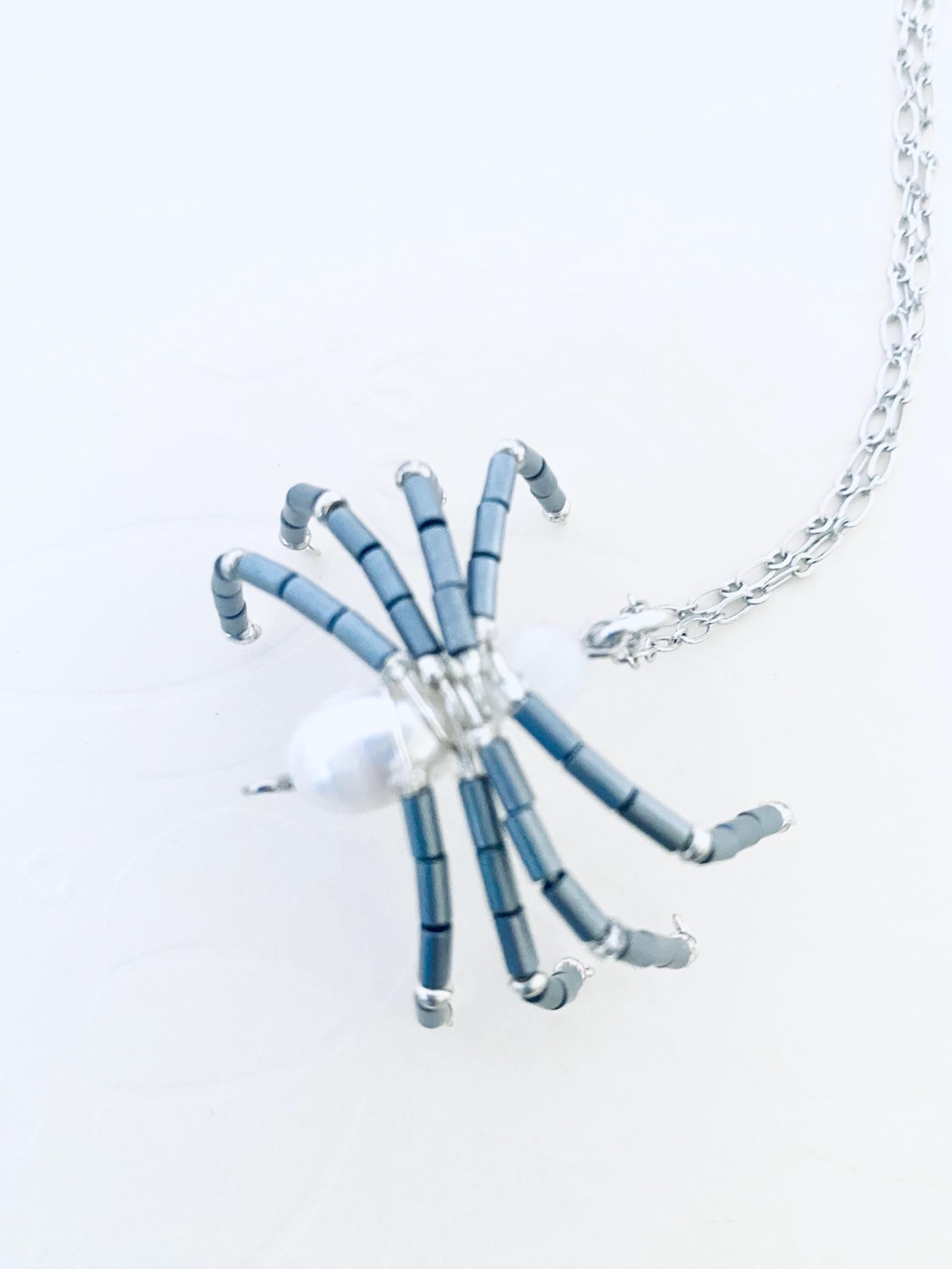 Beaded Spider Necklace, Pearl Pendant, Halloween Jewelry