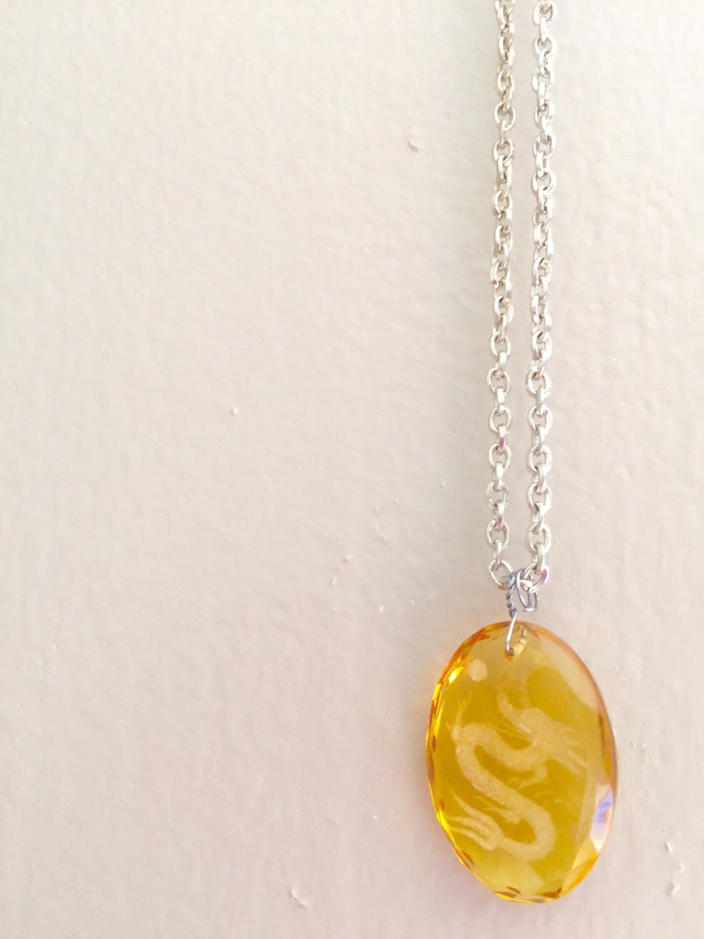 Engraved Dragon Yellow Glass Pendant, Silver Chain Necklace