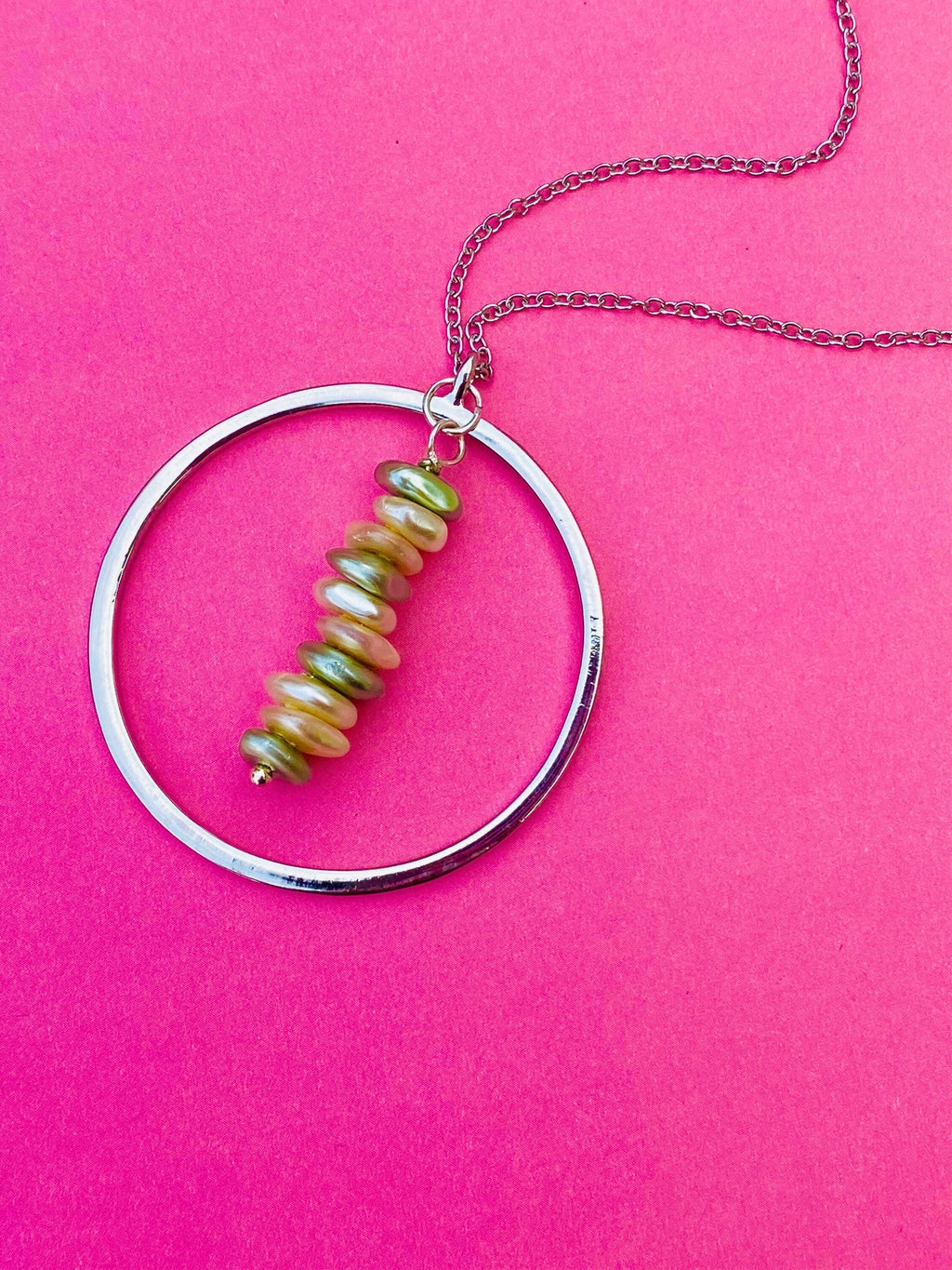 Cream Sage Pearl Necklace, Silver Circular Pendant, 30 inch Chain